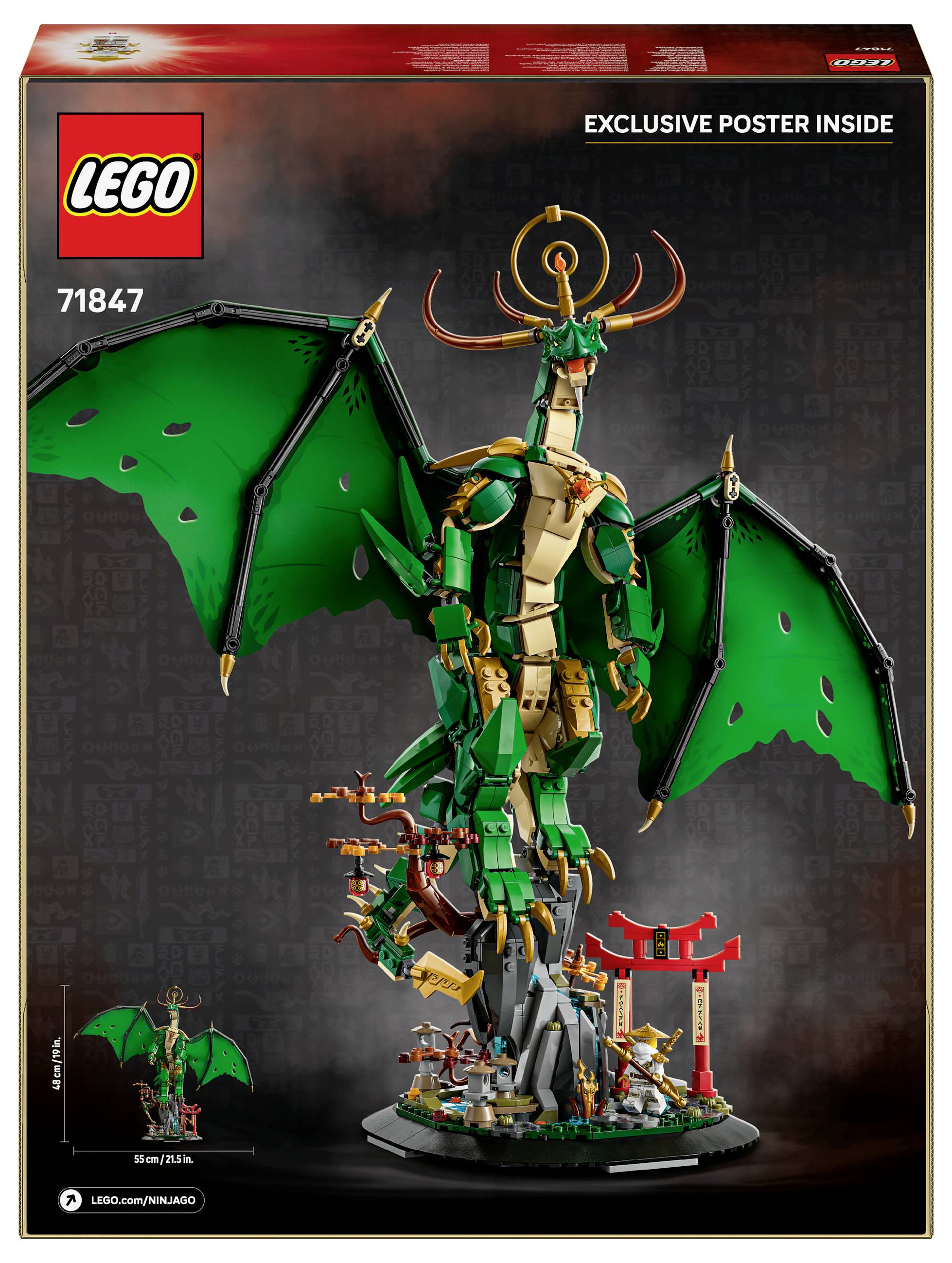 Lego stavebnice: Velký zelený drak stojí na skále před torii bránou. Sada s drakem obsahuje exkluzivní plakát.