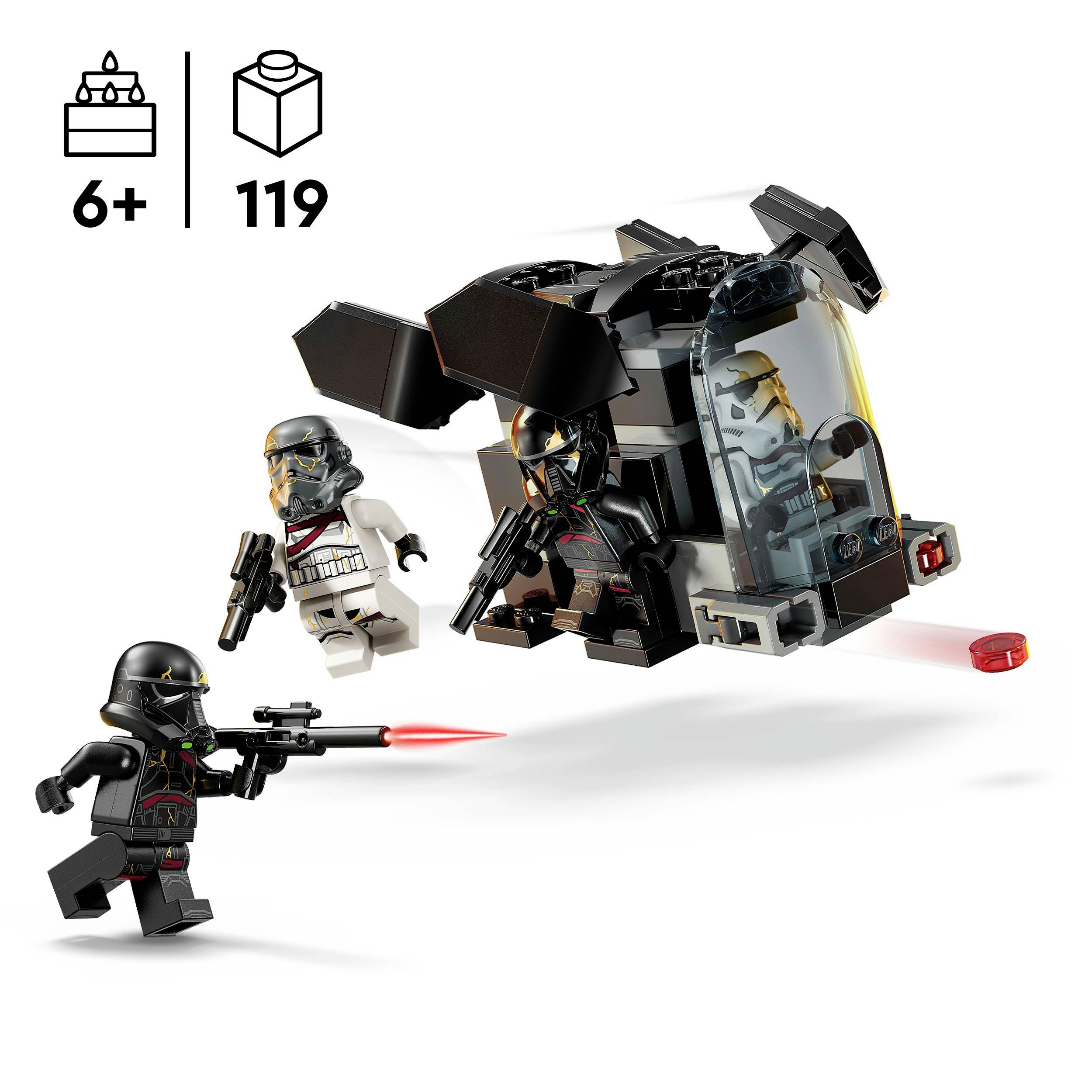 Lego stavebnice: Dvě figurky v černých oblecích a jedna v bílém, vedle malé vesmírné lodi. Pro děti od 6 let, 119 dílků.