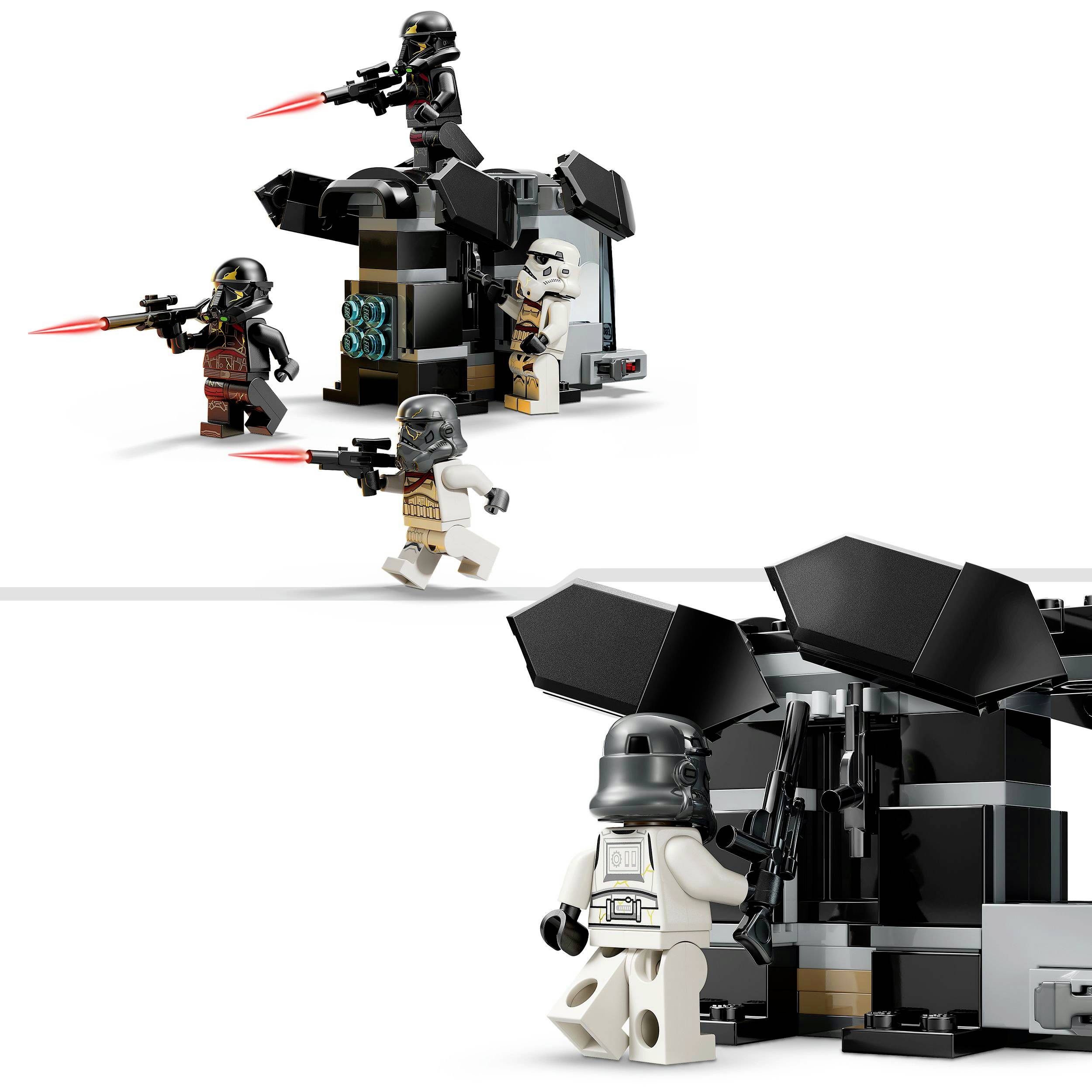 LEGO figurky v černém a bílém brnění bojují s červenými světelnými meči ve futuristickém prostředí.