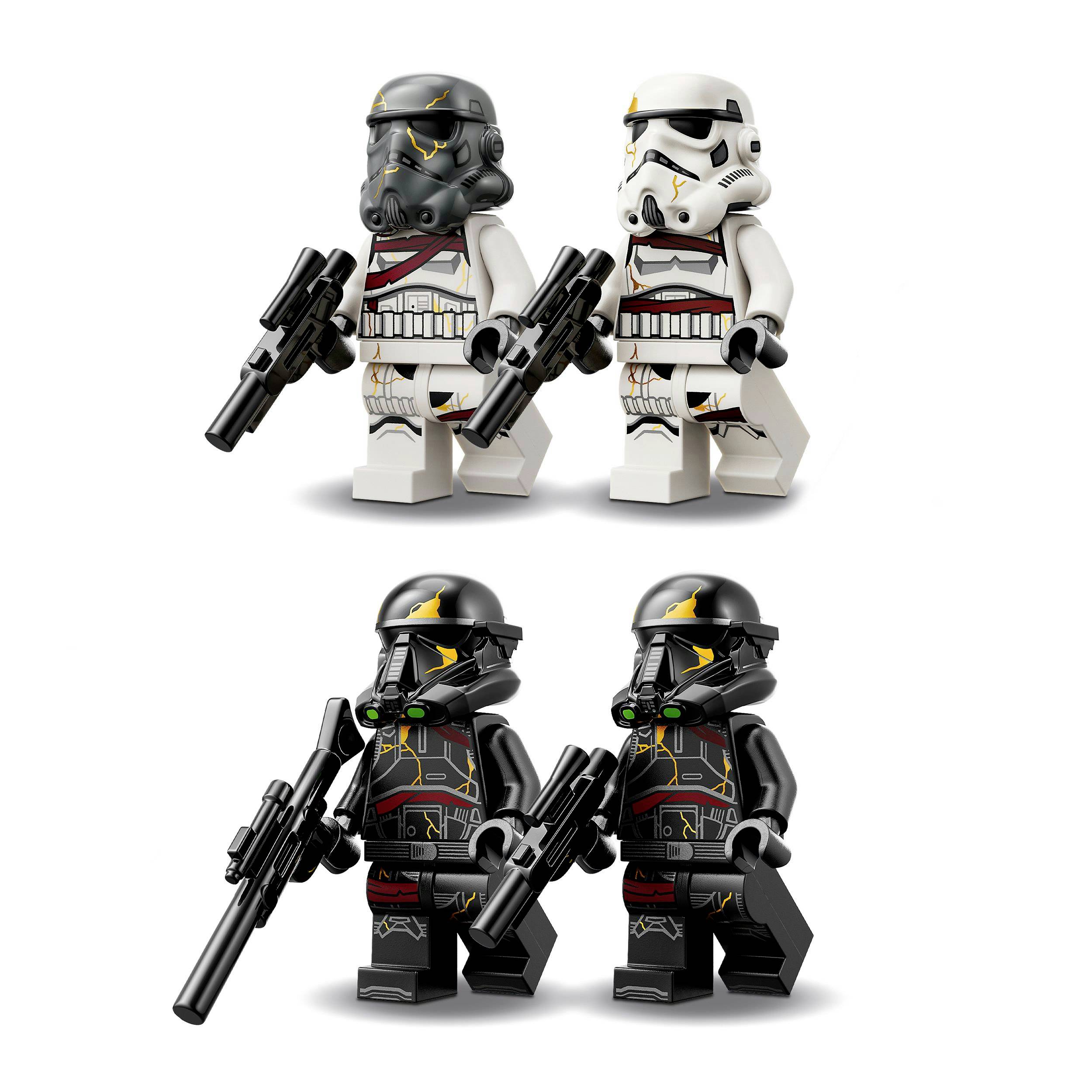 Čtyři LEGO figurky: Dvě v bílých zbrojích s helmami a puškami nahoře a dvě v černých zbrojích s hledími a puškami dole.