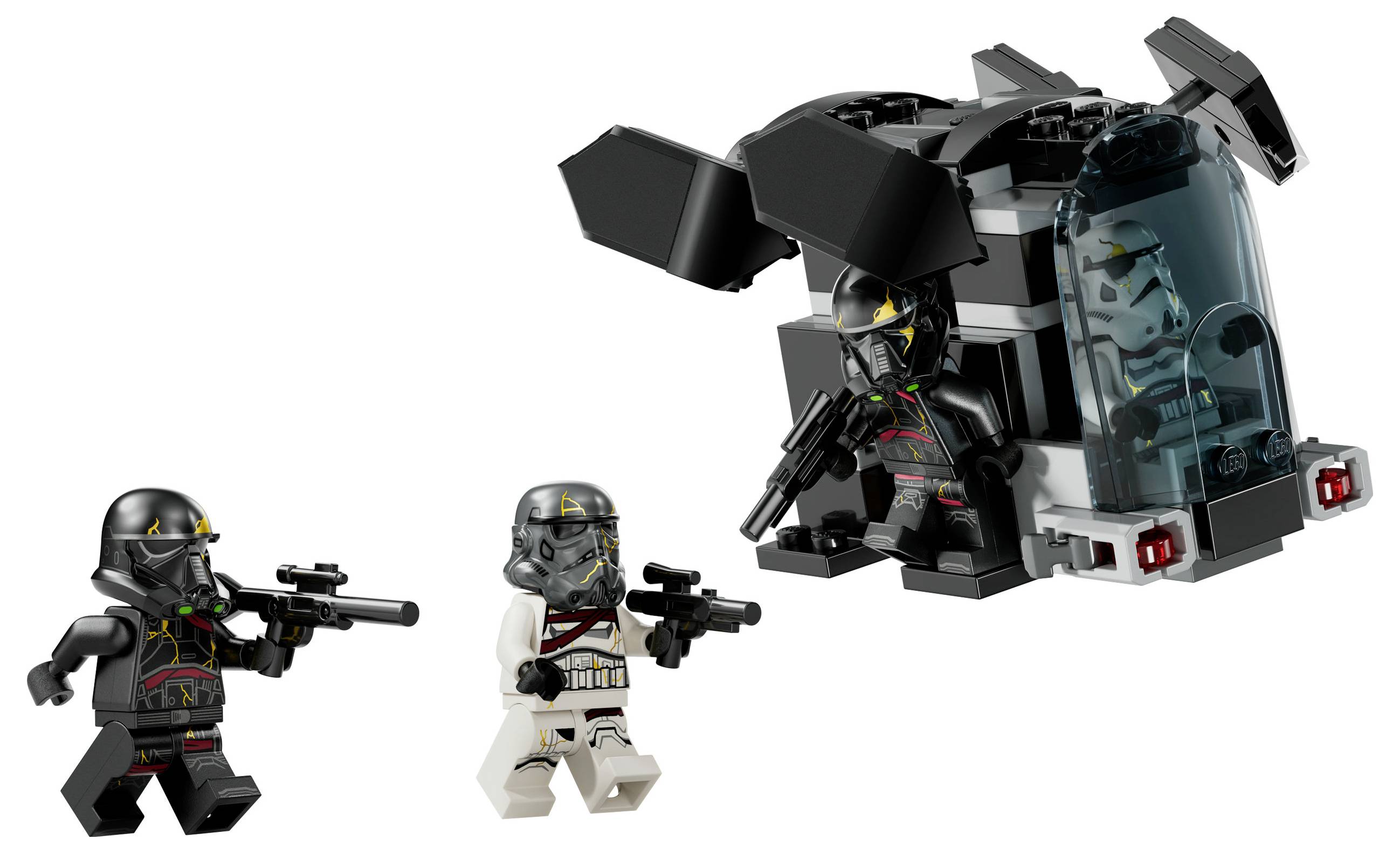 Tři LEGO figurky v černých a bílých skafandrech s zbraněmi podobnými blasterům, jedna v malé vesmírné lodi s křídly v pozadí.