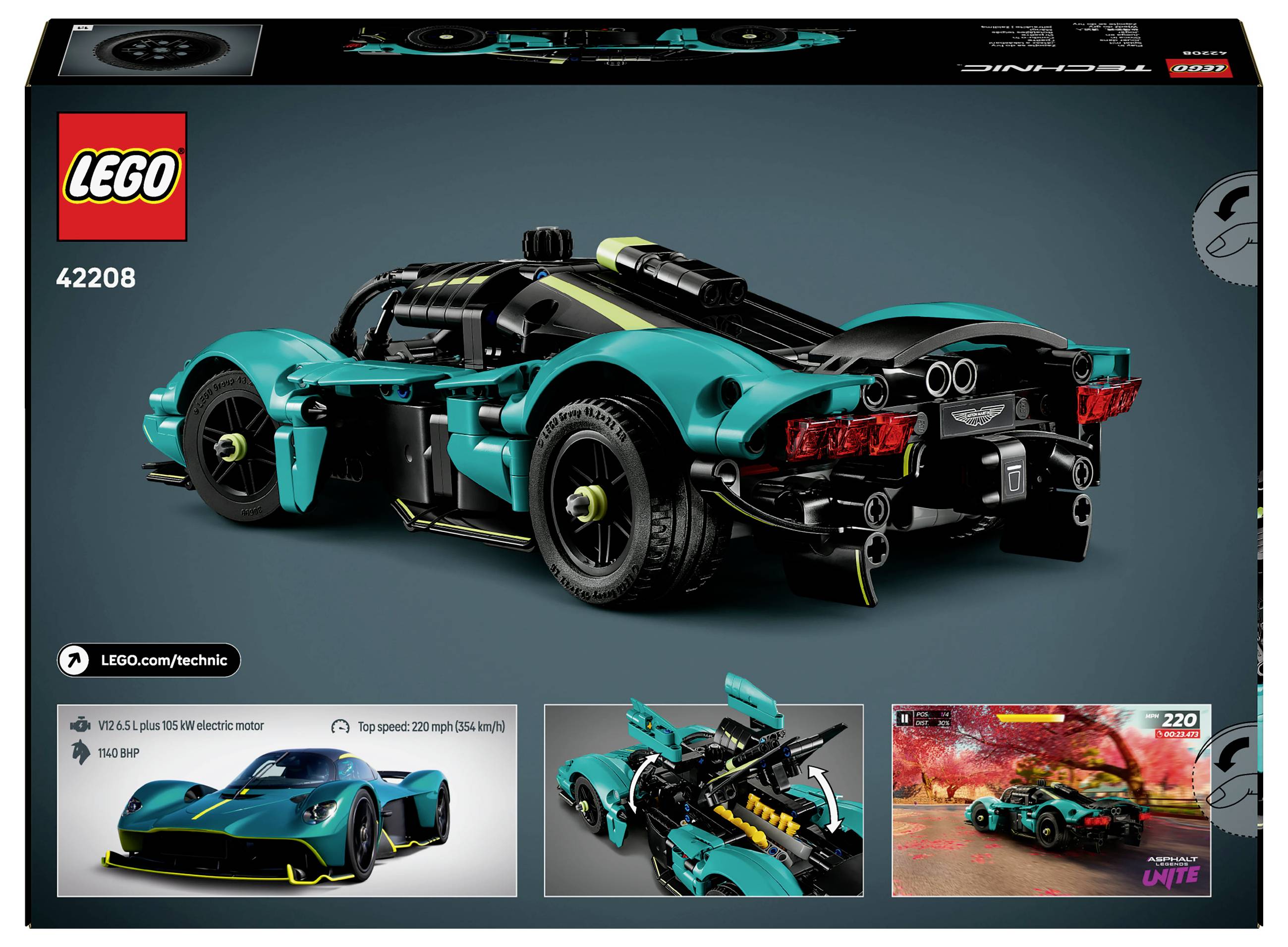LEGO Technic Set 42208 s detailním modelem sportovního vozu v černé a tyrkysové barvě. Obsahuje informace o motoru a další funkce.