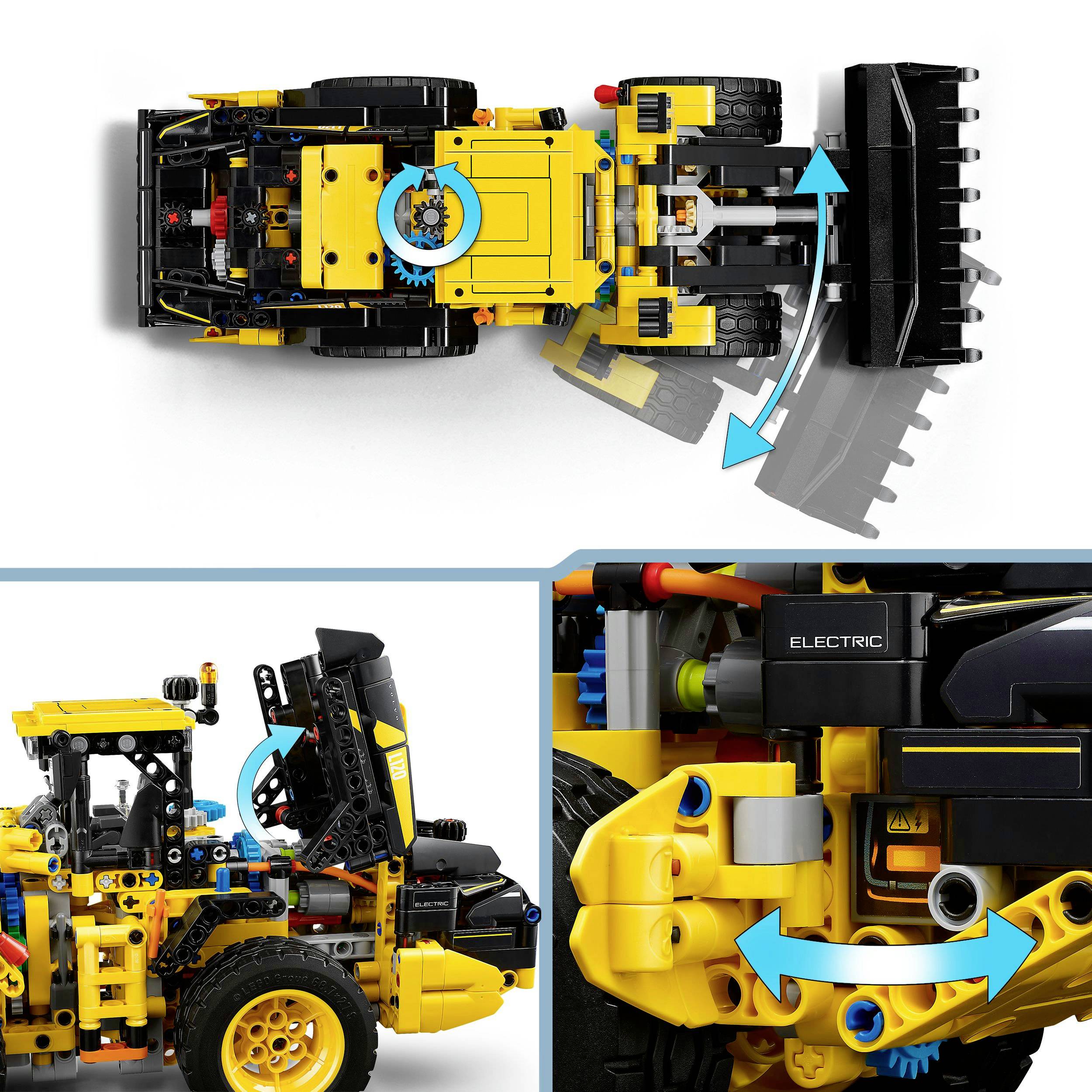 Obrázek ukazuje žluté stavební hračkářské vozidlo, které zvedá lopatu. Detailní záběry ukazují zdvihací mechanismy.