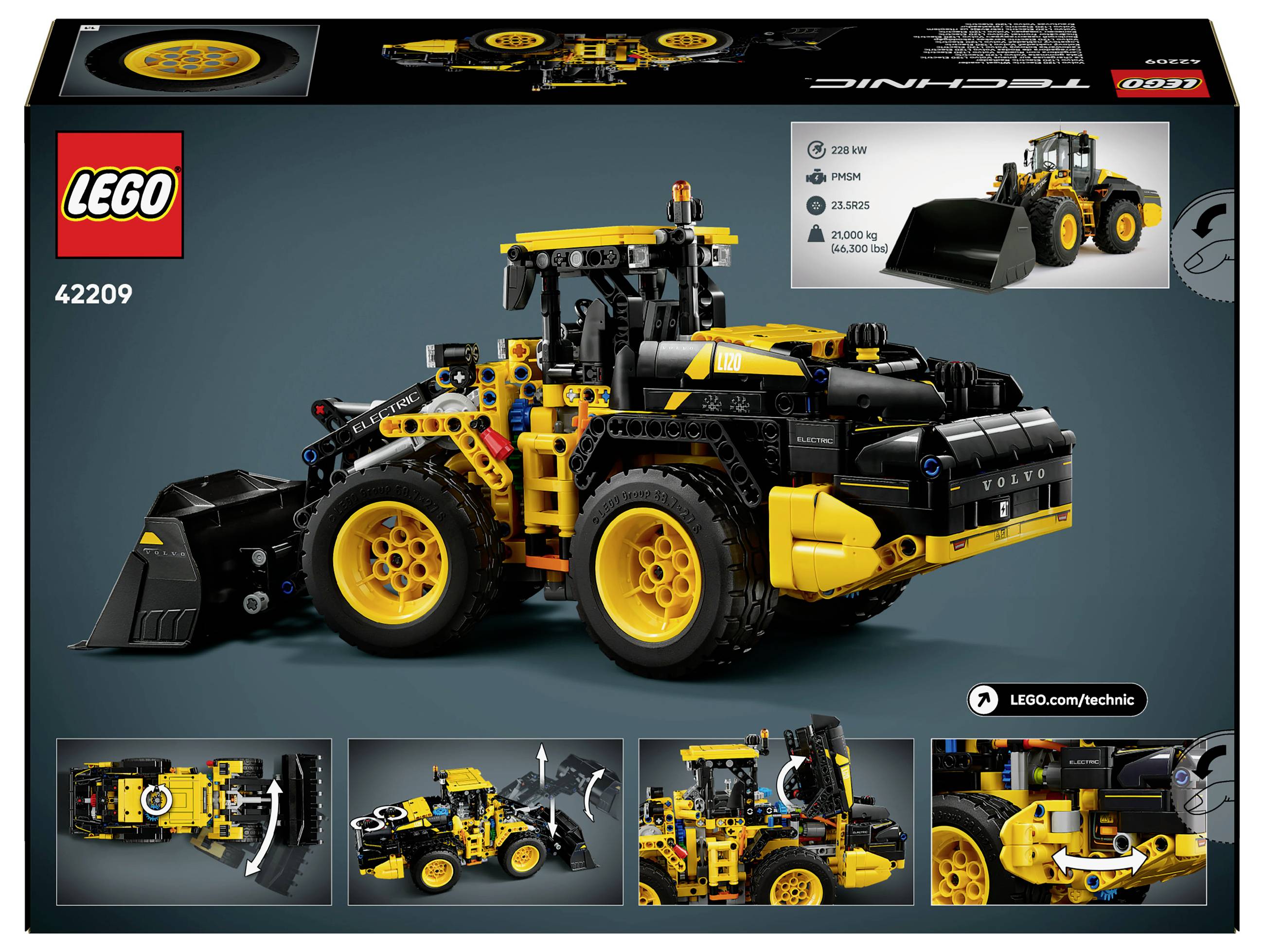 Stavebnice Lego se žlutým a černým bagrem Volvo. Obsažené detaily: realistická hydraulika, nastavitelná lžíce a kola. Číslo modelu: 42209.