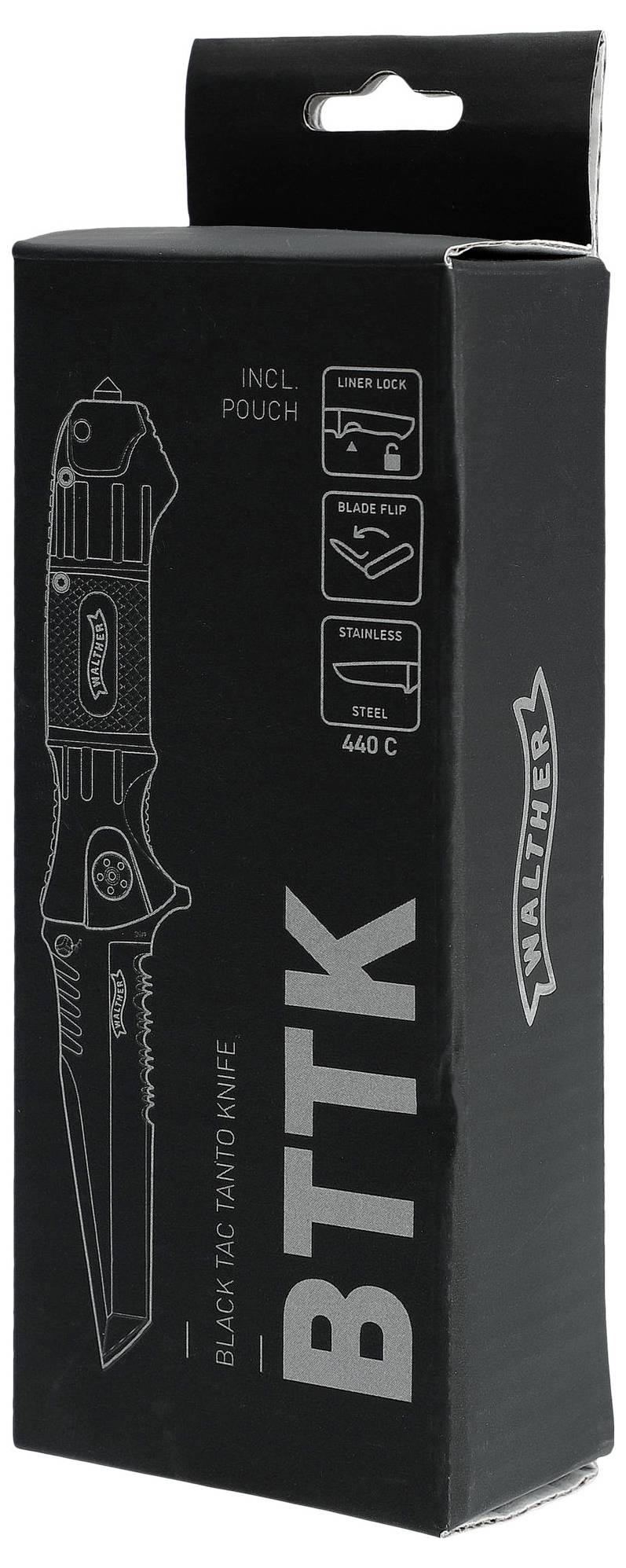 Černý karton s vyobrazením skládacího nože. Nápis: 'BTTK', 'Black Tac Tanto Knife'. Obsahuje: nůž, pouzdro, liner lock, hrot čepele.