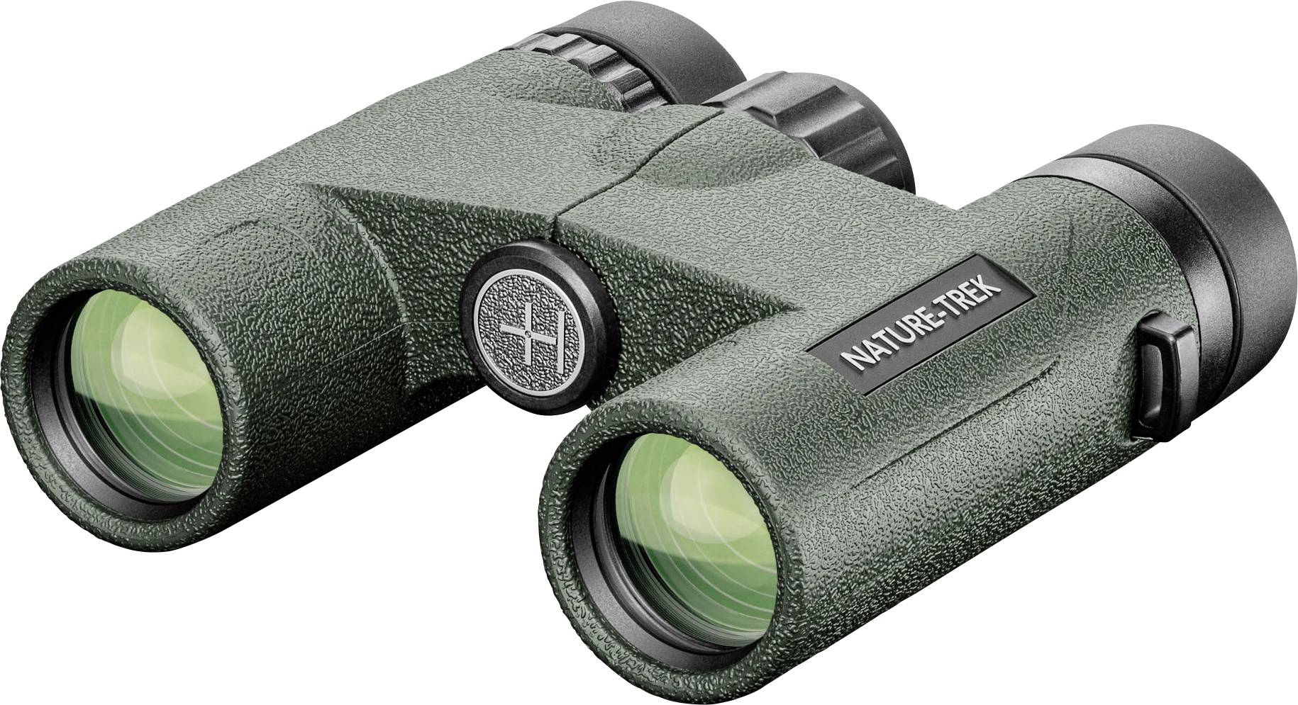 Zelený dalekohled s nápisem 'Nature-Trek' na straně, zobrazující čelní pohled s ostřícími kolečky a hladkým povrchem.
