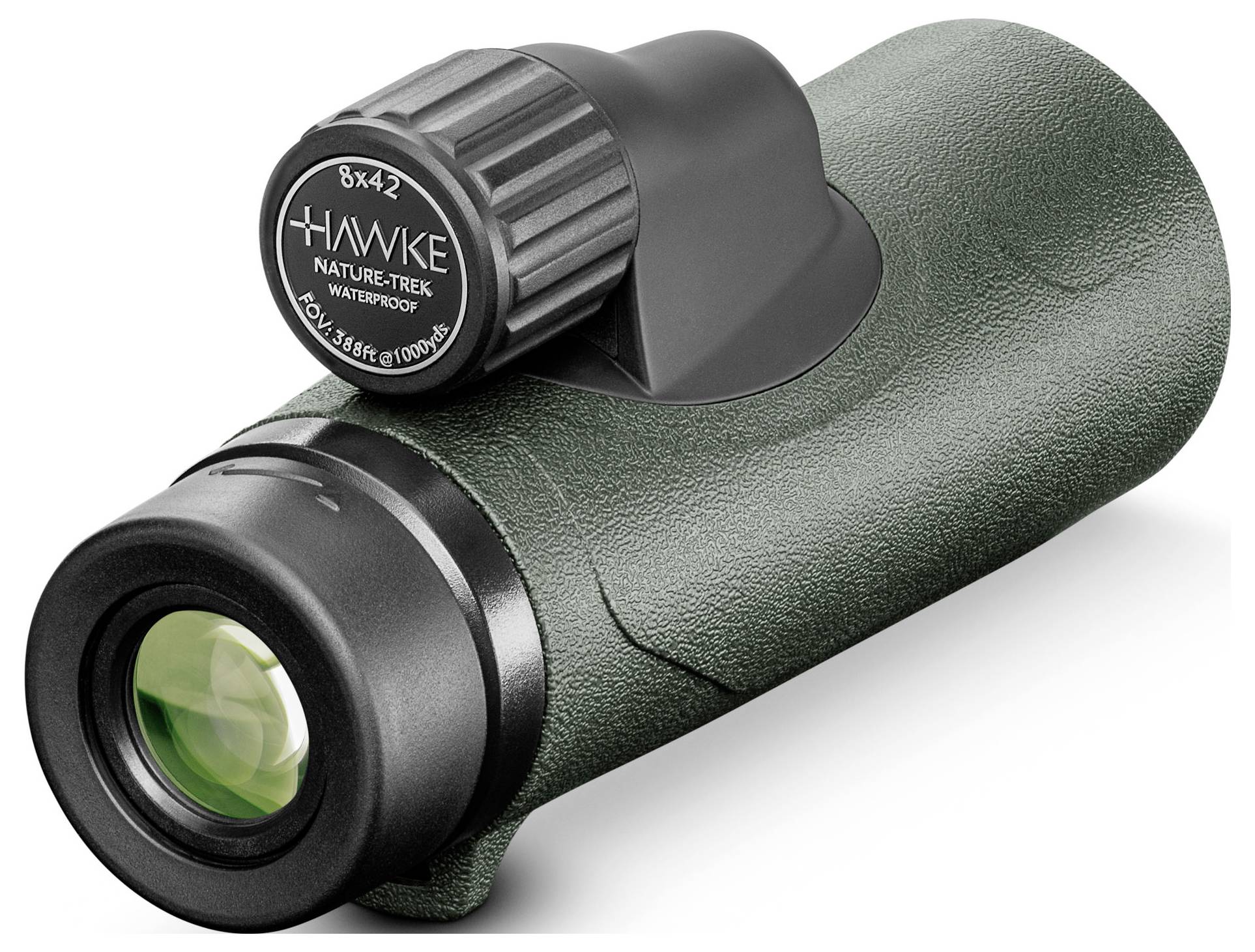 Zelený a černý dalekohled s nápisem 'Hawke 8x42 Nature-Trek Waterproof'. Má gumový povrch.