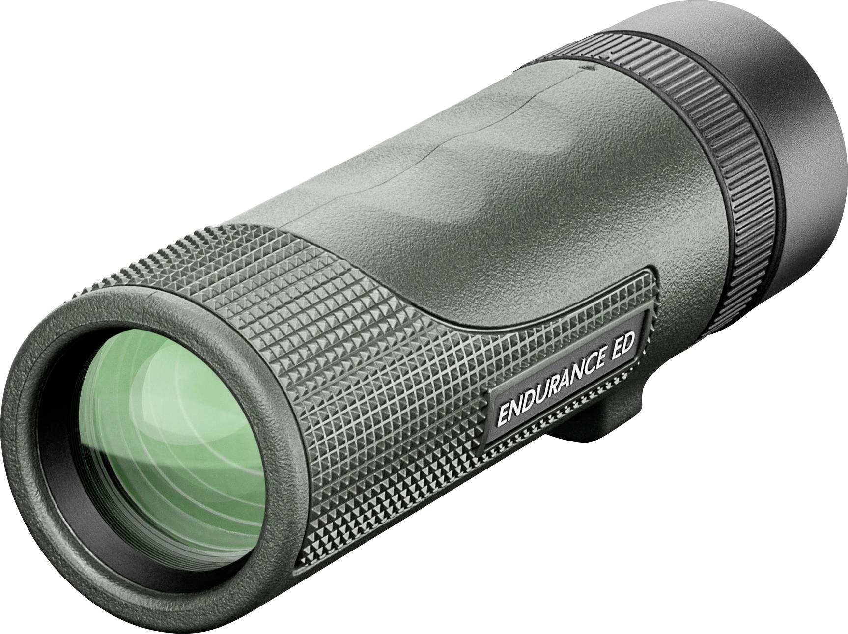 Zelený monokulární dalekohled s nápisem 'ENDURANCE ED' na straně, robustní design a protiskluzový povrch, určený pro outdoorové aktivity.