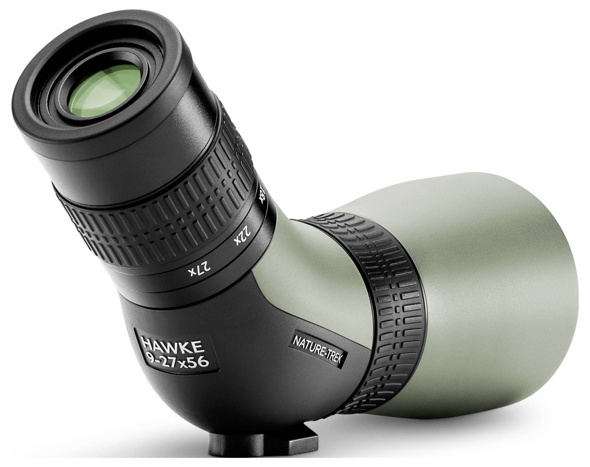 Dalekohled s černým a zeleným tělem, označený 'HAWKE 9-27x56', používaný pro pozorování zvířat nebo lov.