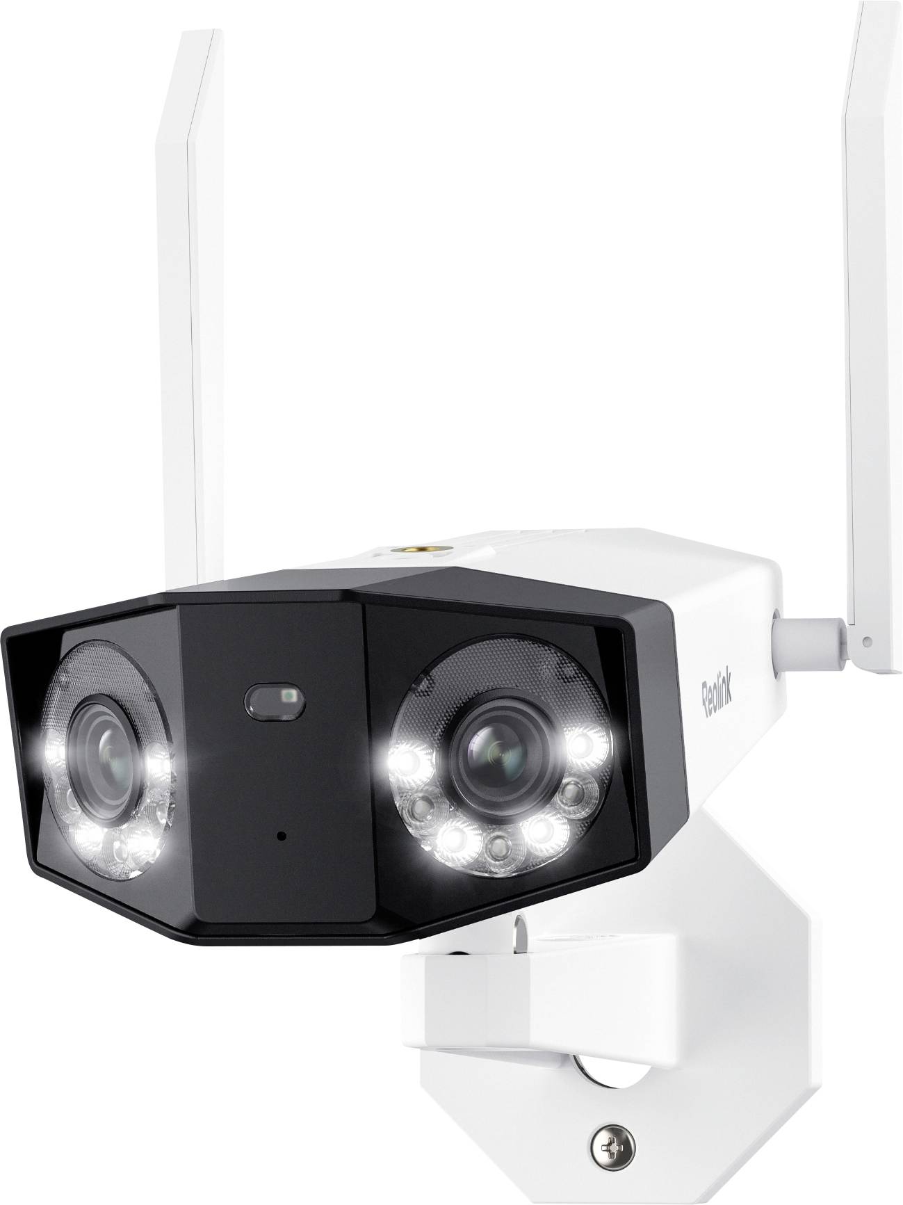 Bílá bezpečnostní kamera s duálními objektivy a nočními LED diodami je upevněna na konzoli, což zdůrazňuje možnosti venkovního sledování.