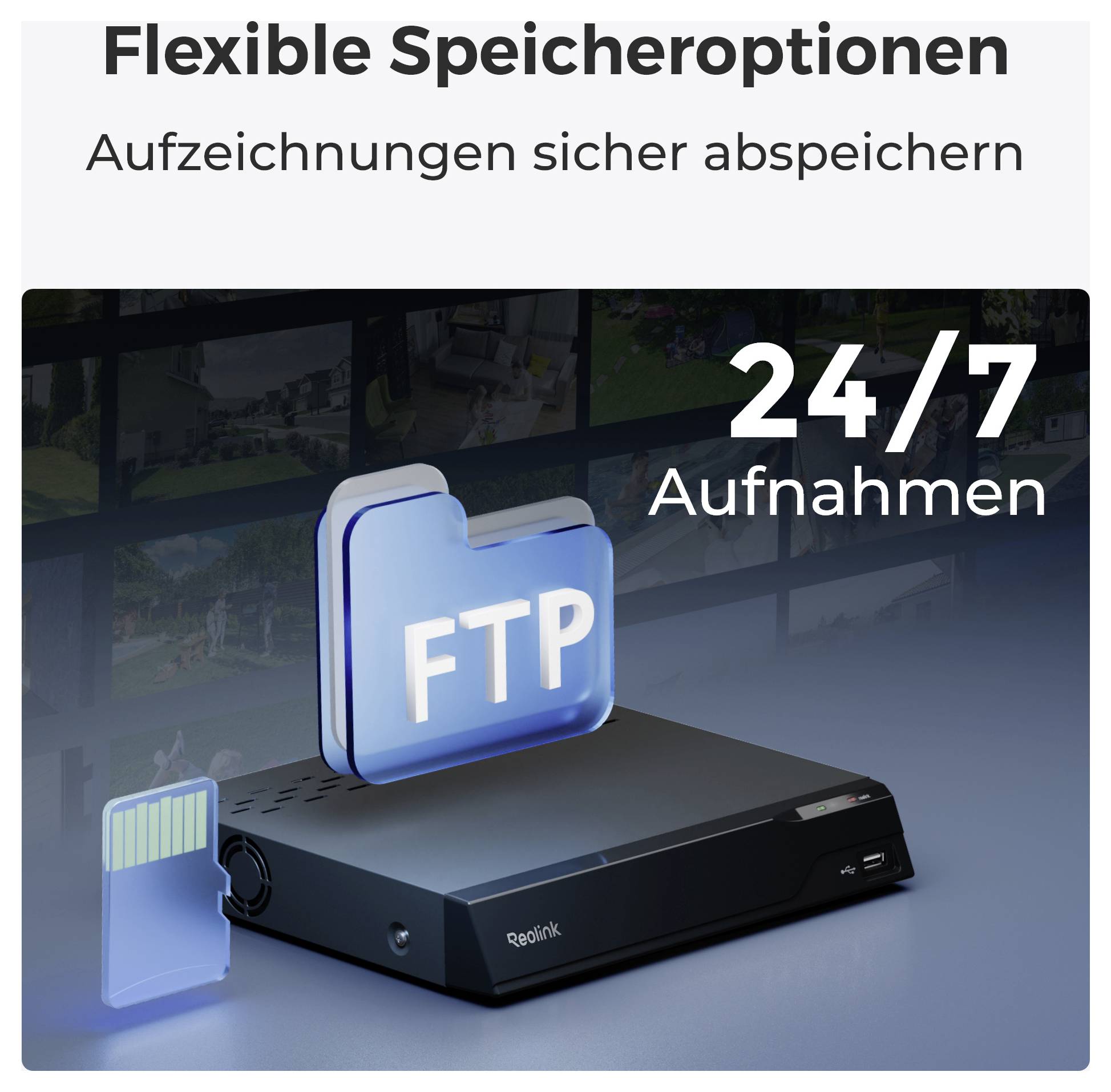 Elektronické zařízení s ikonou FTP složky a paměťovou kartou zobrazuje '24/7 nahrávání'. Text: 'Flexibilní možnosti úložiště, bezpečné ukládání záznamů'.