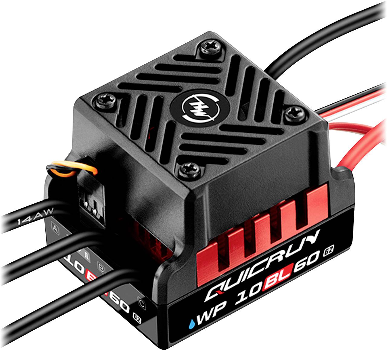 Černý elektronický regulátor otáček pro RC modely. Označení 'QUICRUN WP 10BL60'. Vybaven červenými chladicími žebry a několika konektory.