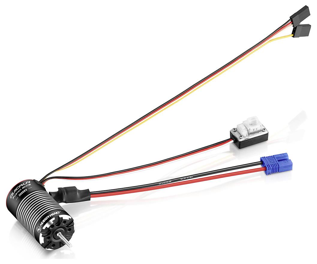 'Elektronický regulátor rychlosti s kabely a konektory, zobrazuje kompaktní motor pro dálkově ovládaná vozidla.'