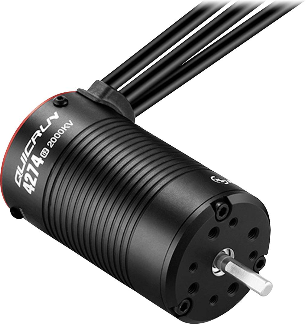Bezkartáčový motor 'QUICRUN 4274 2000KV', černý s červenými akcenty, zobrazující pohled zepředu s hřídelí a třemi kabely na zadní straně.