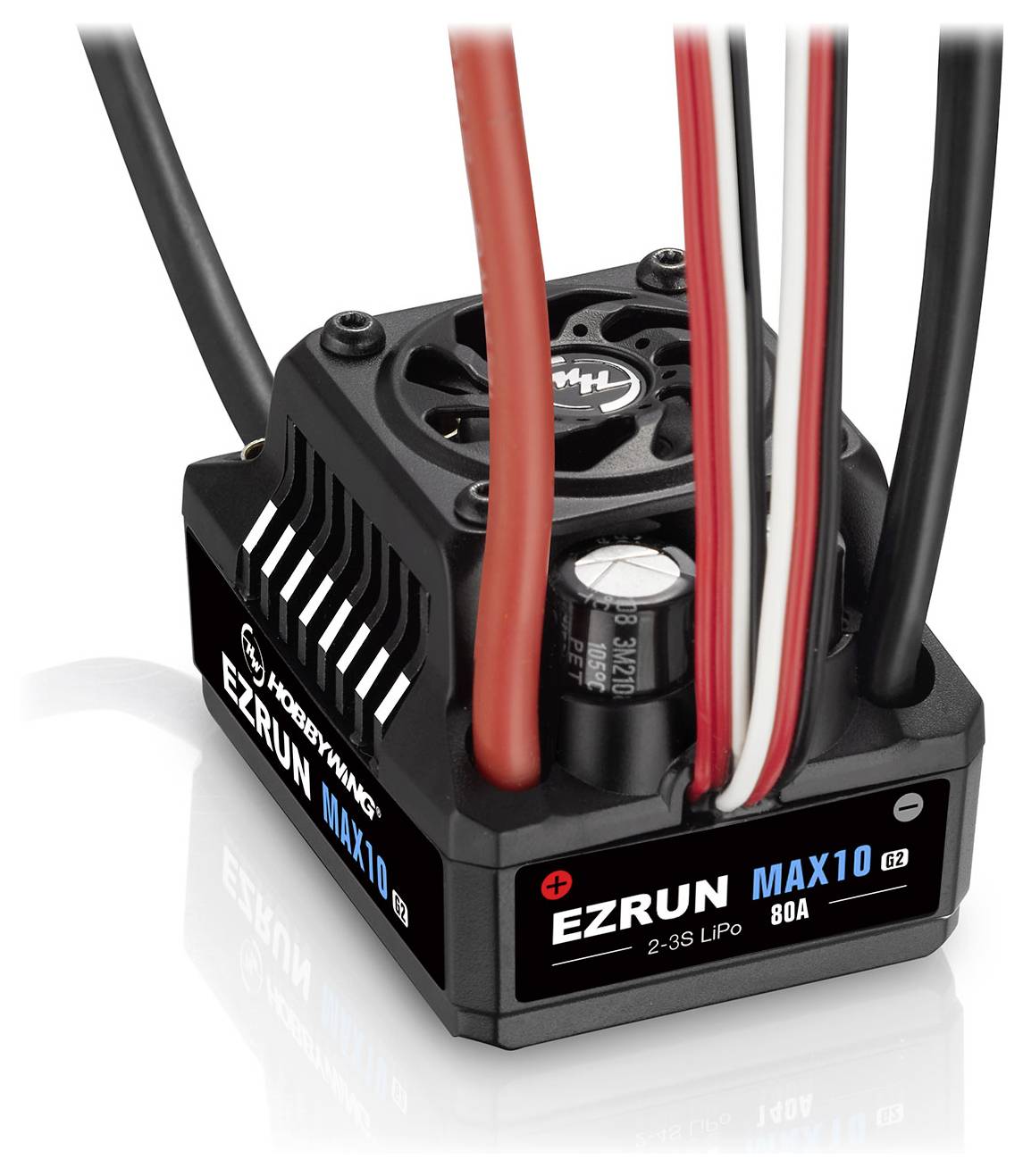 Černý EZRUN MAX10 ESC pro 1/10 RC vozidla s 80A, kompatibilní s 2-3S LiPo bateriemi. Několik barevných připojovacích kabelů je viditelných.