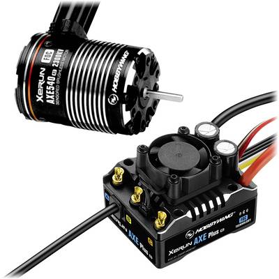 Bezkartáčový motor a ESC set od Hobbywing, model XERUN AXE, pro RC vozidla. Obsahuje motor s chladicími žebry a ESC s ventilátorem.