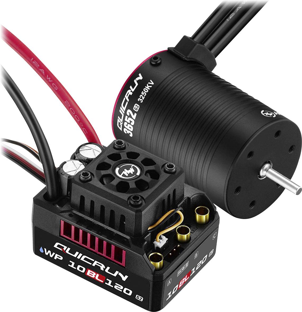 Elektronický regulátor jízdy a motor pro dálkově ovládaná vozidla. Regulátor podporuje 120 A, motor má 3550 ot./min/V.