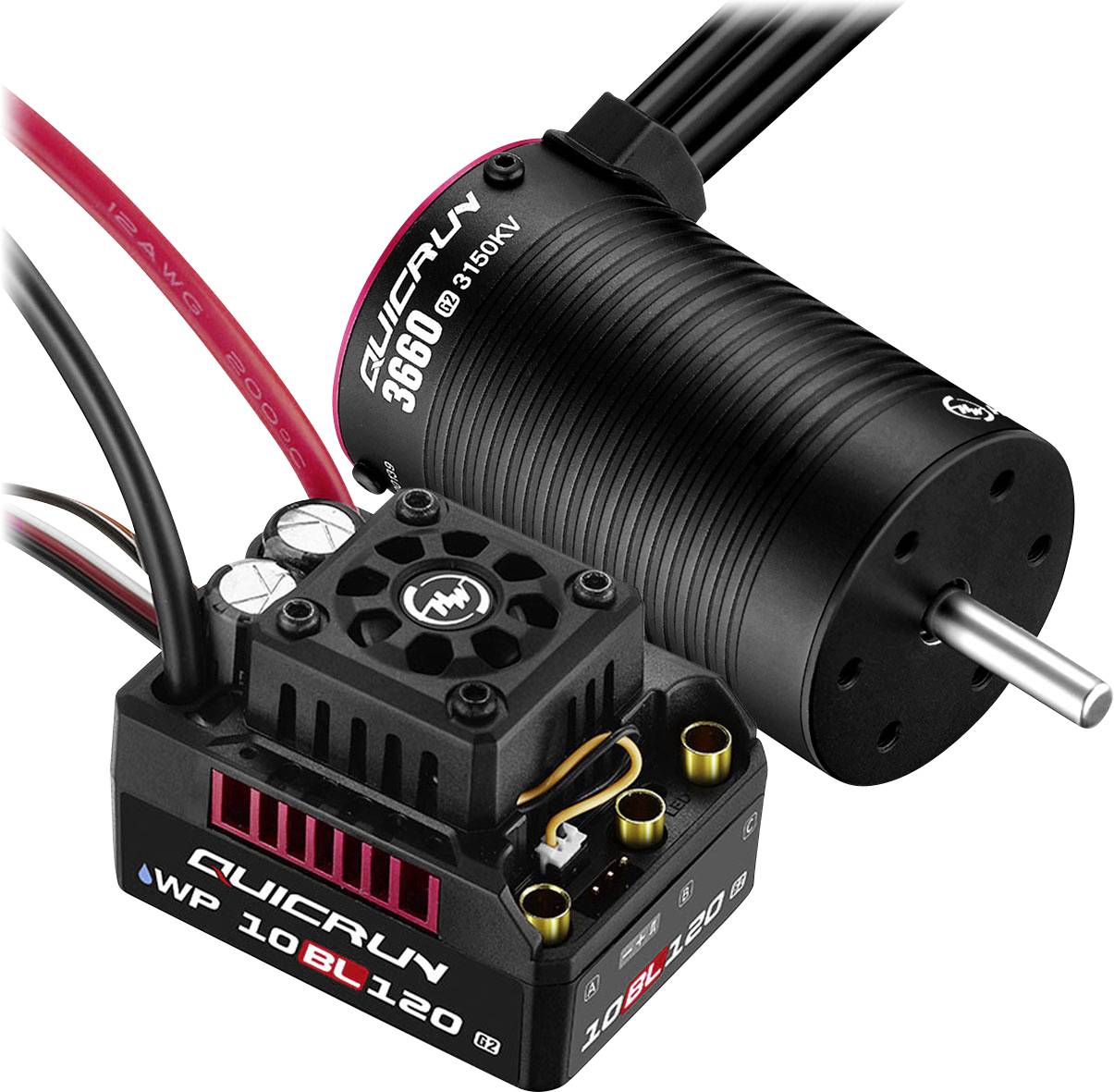 Elektromotor a řídicí jednotka pro dálkově ovládané modelové vozidlo, s názvem značky a číslem modelu na zařízení.