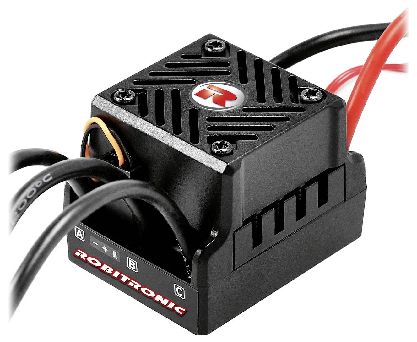 Elektronický regulátor otáček 'Robitronic' v černé barvě, s několika kabelovými vstupy a červeným logem 'R' na horní straně.