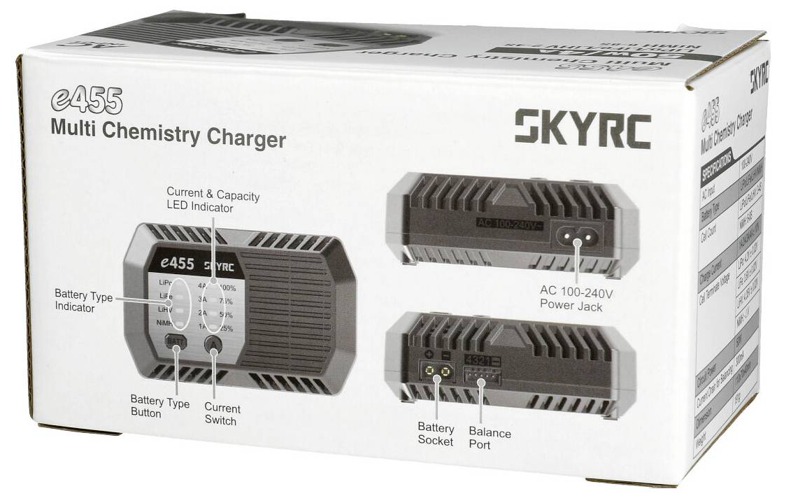 Balení víceúčelové nabíječky chemických baterií s LED indikátory a detaily připojení. Vhodné pro 100-240V AC. Model: e455 od SKYRC.