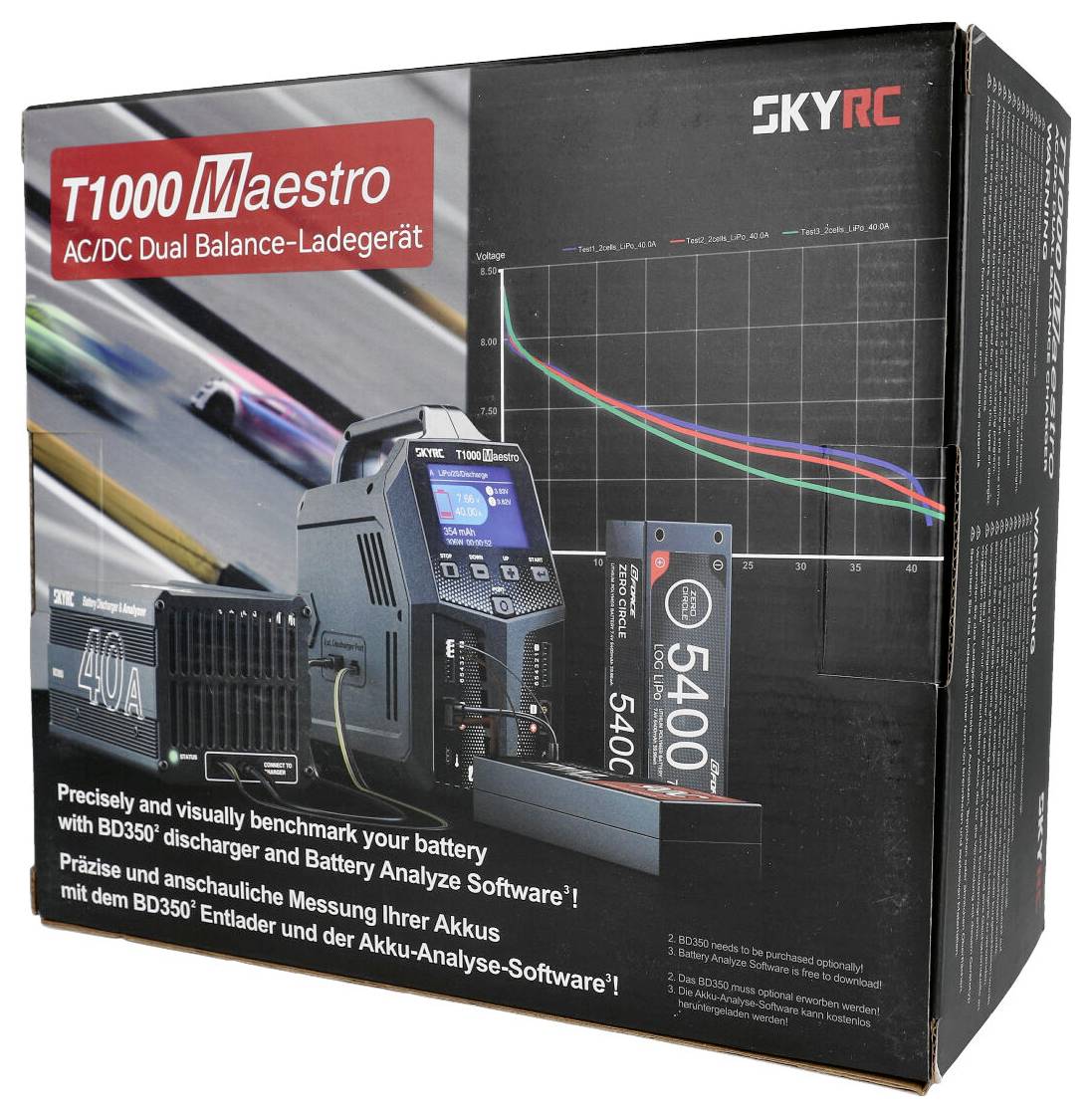 Balení SKYRC T1000 Maestro, duálního balančního nabíječe; zobrazuje diagramy pro měření výkonu baterií.