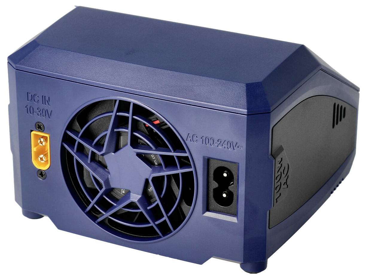 Modré elektronické zařízení s ventilátorem, žlutým a černým konektorem. Nápis: DC IN 10-30V, AC 100-240V.