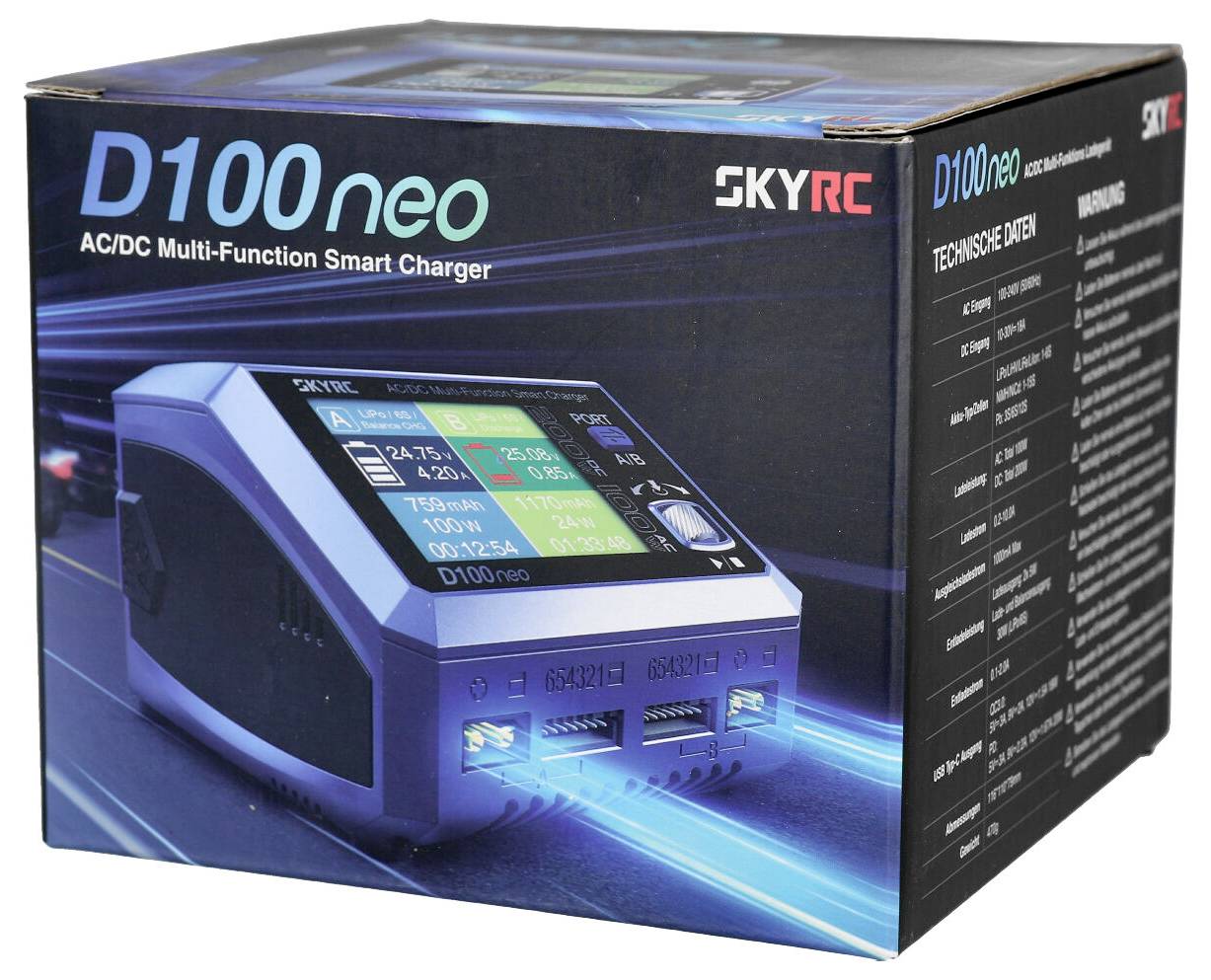 Obal nabíječky 'SKYRC D100 neo' multifunkčního chytrého nabíječe. Krabice zobrazuje přístroj s digitálním displejem a různými konektory.