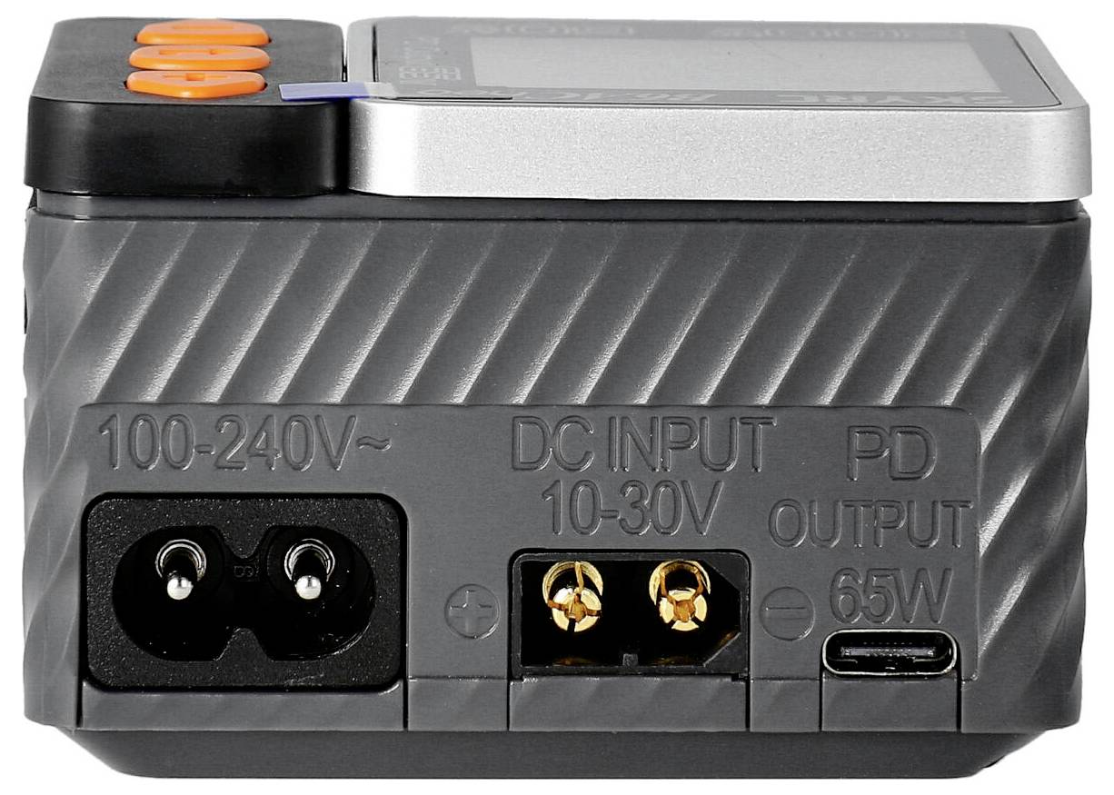 RGB nabíječka - zadní strana s napájecími konektory: AC vstup 100-240V~, DC vstup 10-30V, PD výstup 65W.