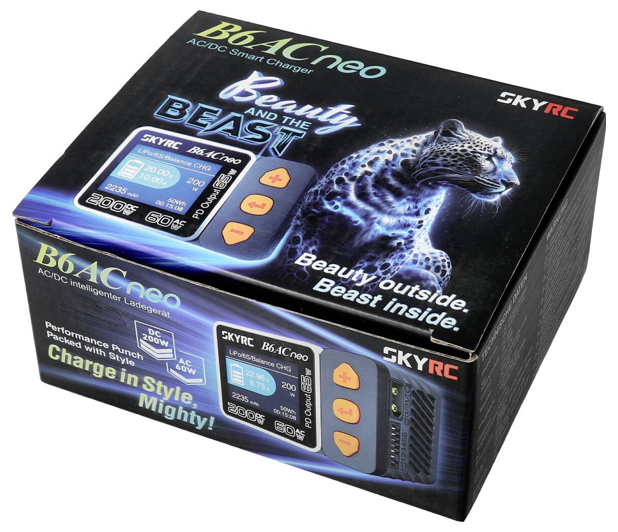 Produktová krabice inteligentní nabíječky s motivem leoparda. Text: 'Krása zvenku, bestie uvnitř.' Značka: SKYRC. Model: B6AC Neo.