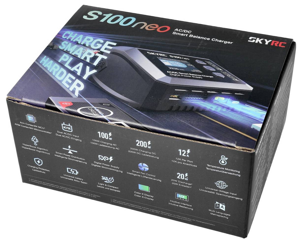 Obal 'SKYRC S100 neo' zobrazuje inteligentní nabíjecí stanici ACDC Smart Balance s různými symboly a funkcemi popsanými na krabici.