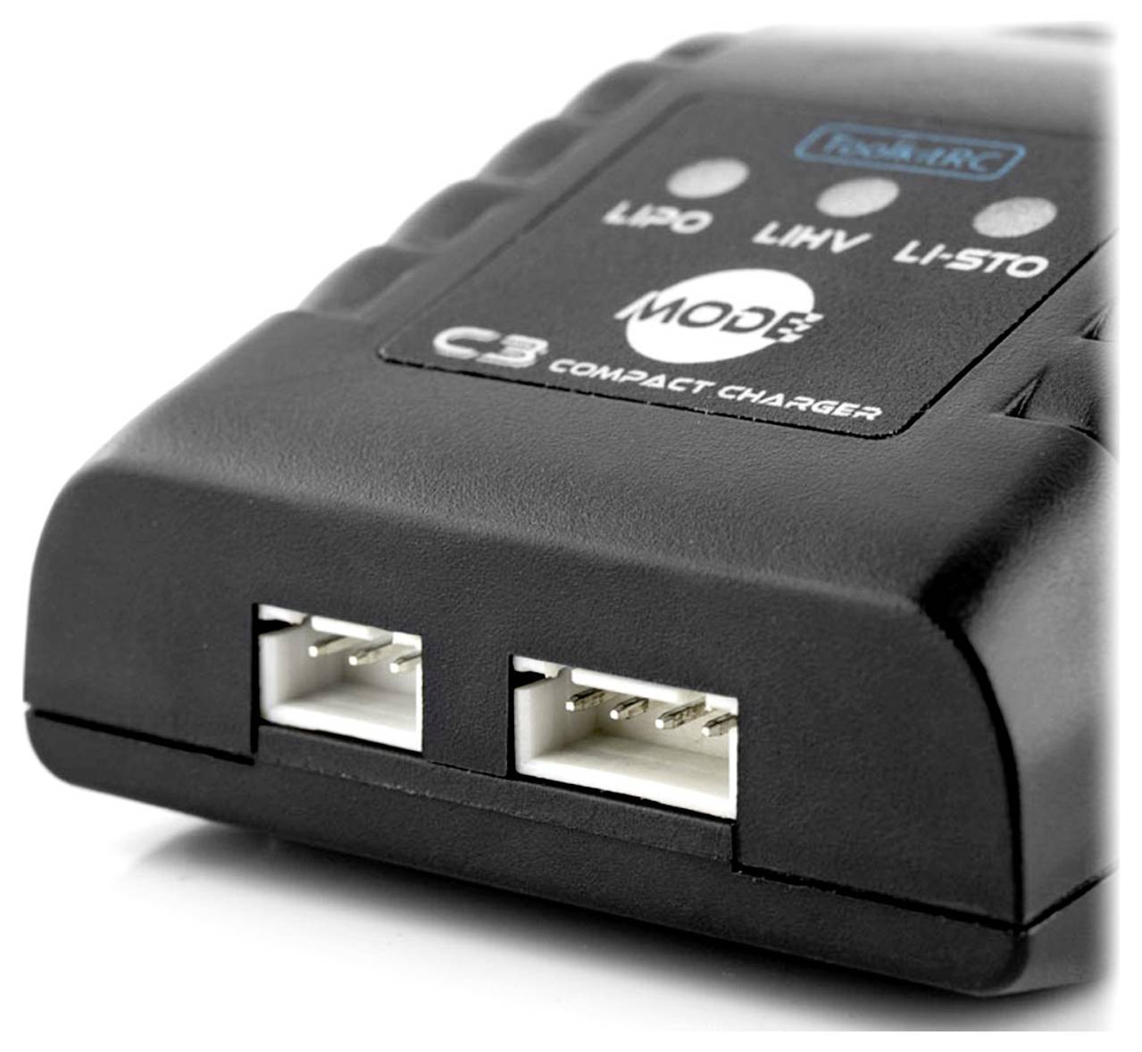 Černá kompaktní nabíječka se dvěma USB porty, na horní straně zobrazující výběr módu pro různé typy baterií.