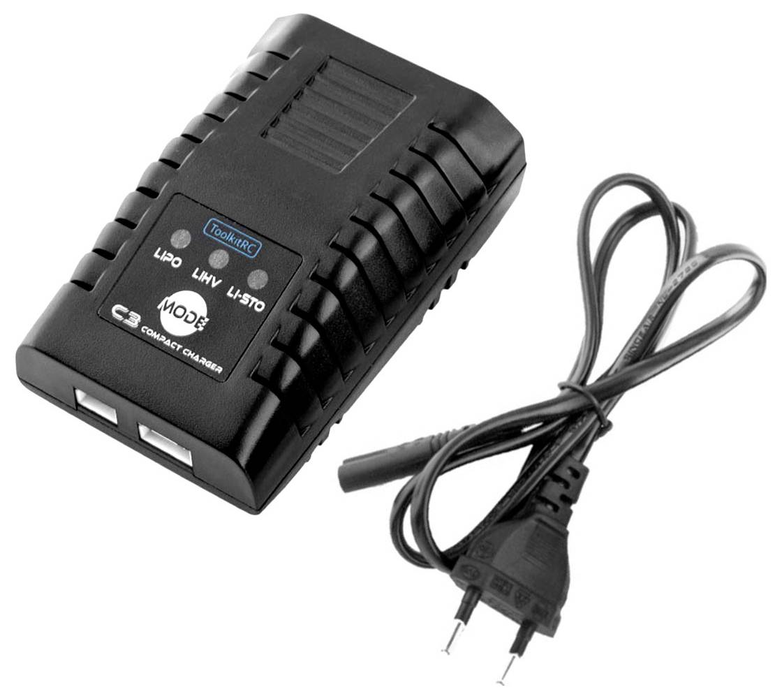 Černá nabíječka se dvěma USB porty a odpojitelným kabelem s evropskou zástrčkou, vhodná pro různé typy baterií.