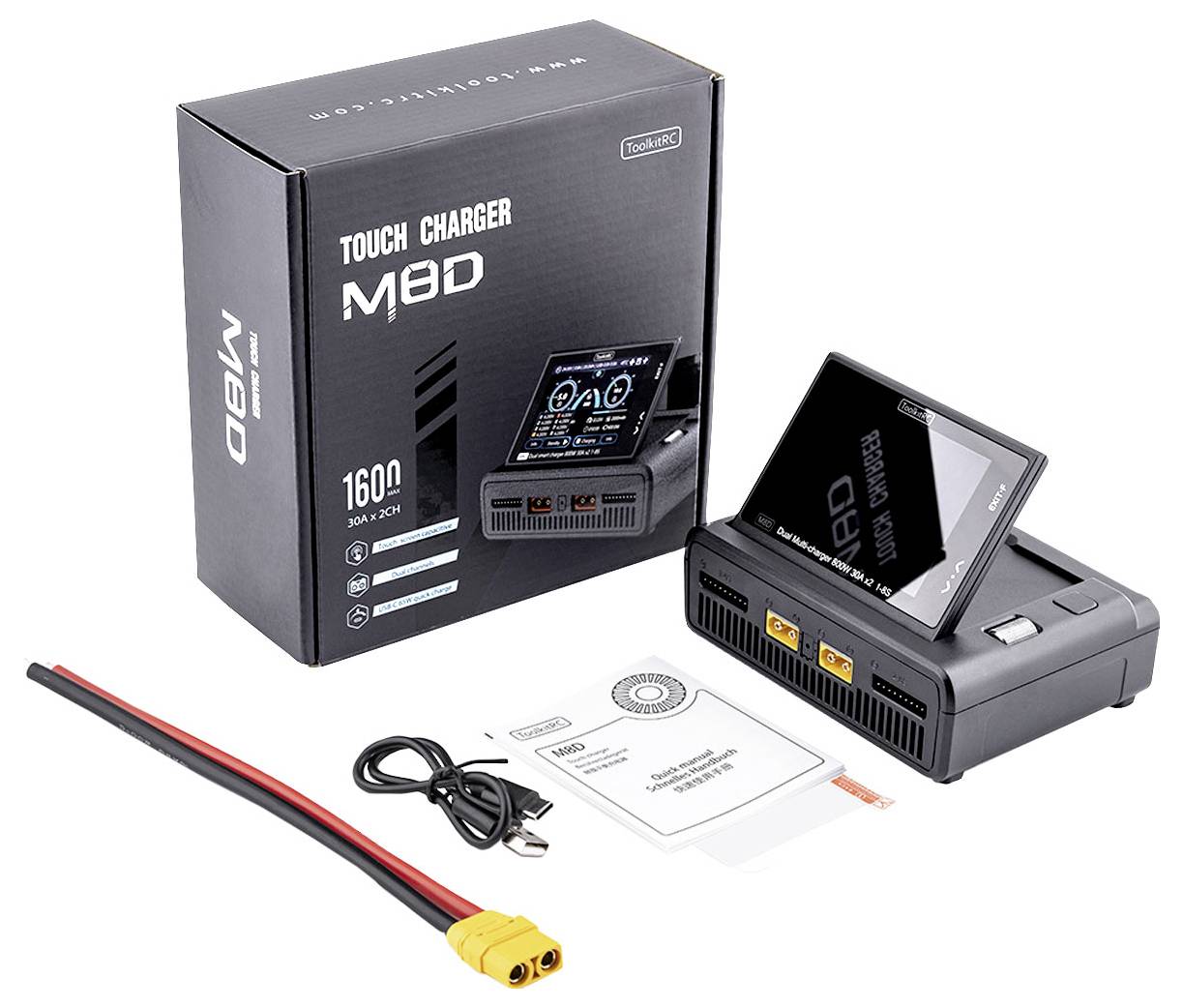 Nabíjecí sada 'Touch Charger M8D' s boxem, nabíječkou, kabely a manuálem. Vhodná pro 30A, 1600W. Displej s dotykovým ovládáním.