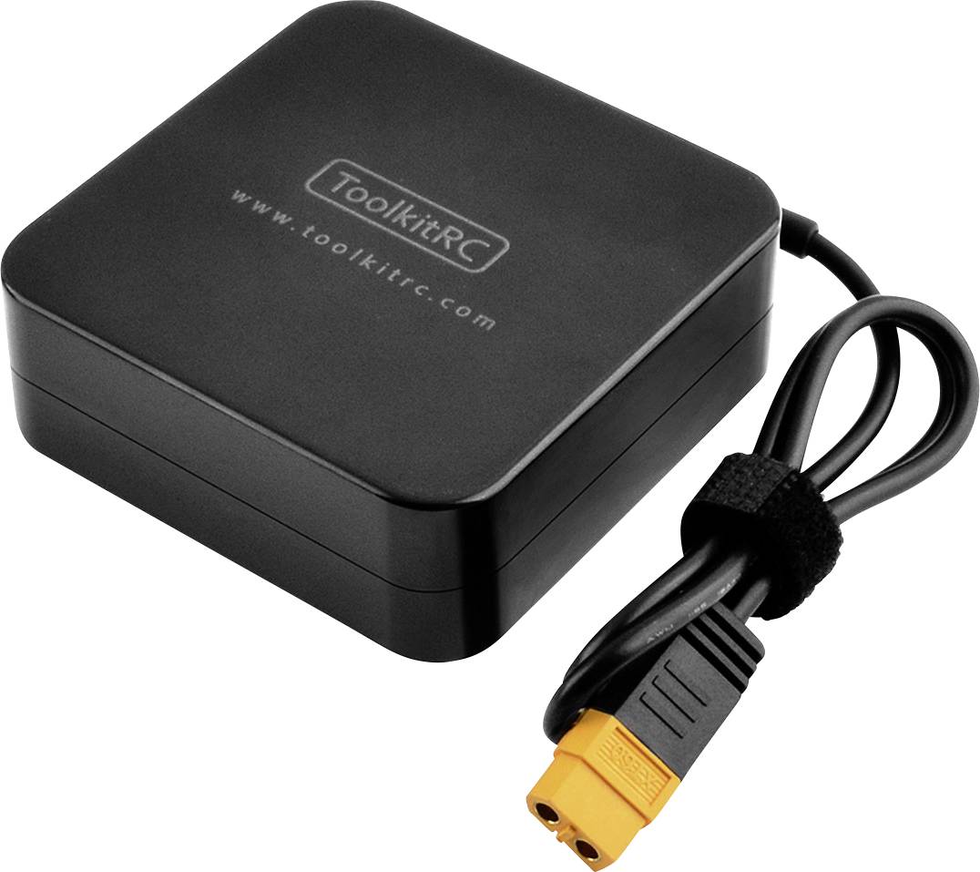 Černá nabíječka ToolkitRC s kabelem a žlutým konektorem.