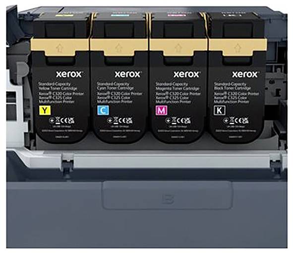 Čtyři tonerové kazety Xerox v barvách žlutá, azurová, purpurová a černá, každá s etiketami a symboly.