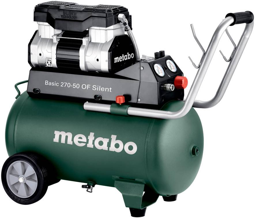 Metabo Basic 270-50 OF Tichý kompresor se zelenou nádrží, kolečky a rukojetí zobrazený na bílém pozadí.