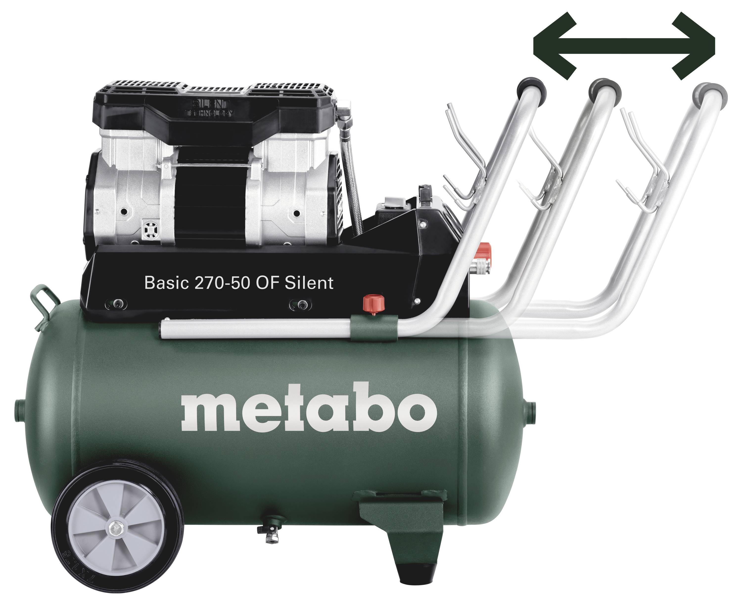 Zelený Metabo kompresor s černým motorem, model 'Basic 270-50 OF Silent', s připevněnými pákami ukazujícími směr pohybu.