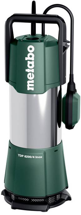 Zelená a stříbrná ponorná pumpa Metabo TDP 6200/4 Inox s plovákový spínač a napájecí kabel.