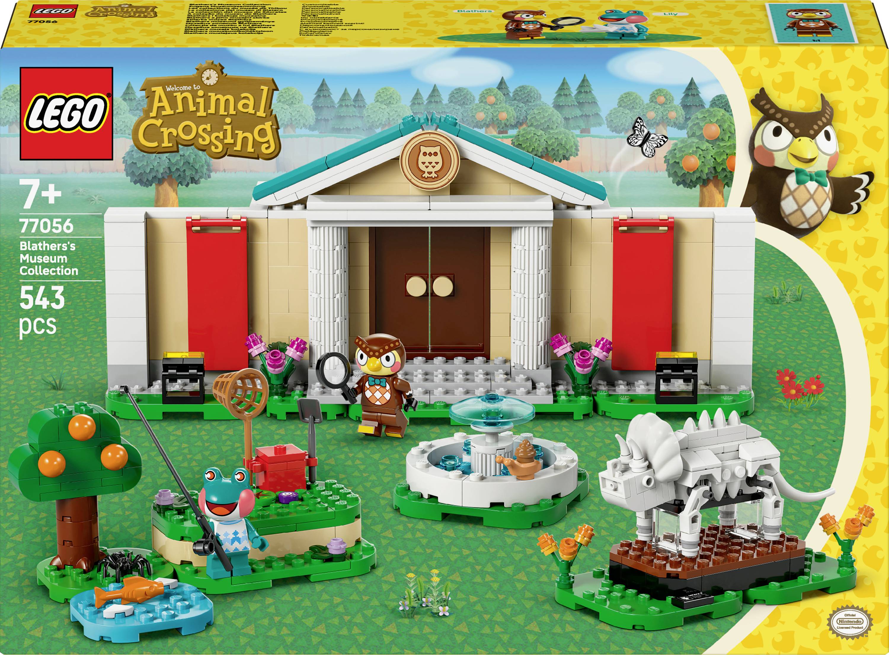 Sada LEGO 'Animal Crossing: Sbírka muzea Blatherese', pro děti od 7 let, 543 dílků, obsahující muzeum, postavy a scenické detaily.