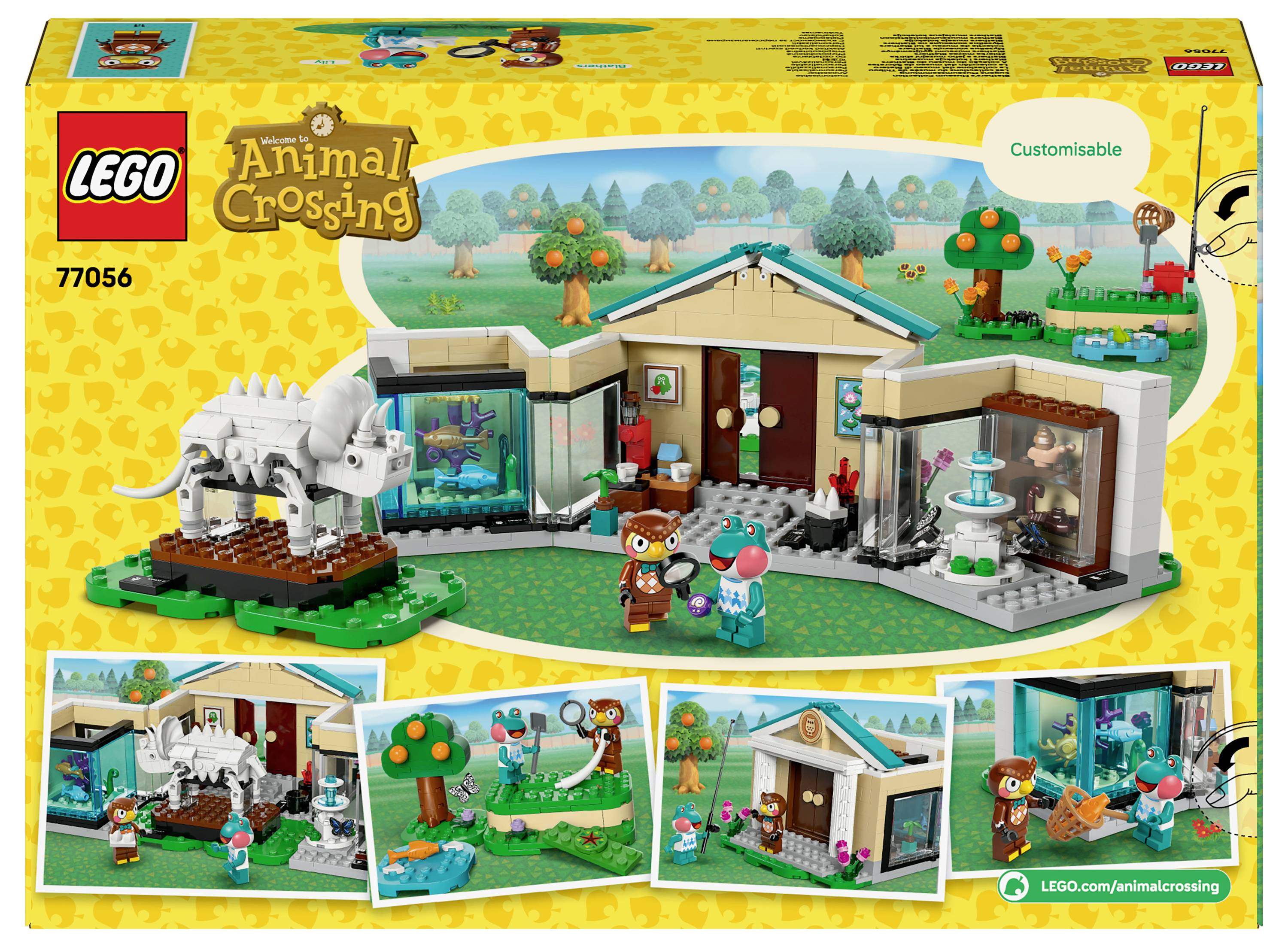 LEGO sada Animal Crossing s přizpůsobitelnou vesnicí, která obsahuje postavy, dům, stromy a výstavu dinosauřích fosílií.