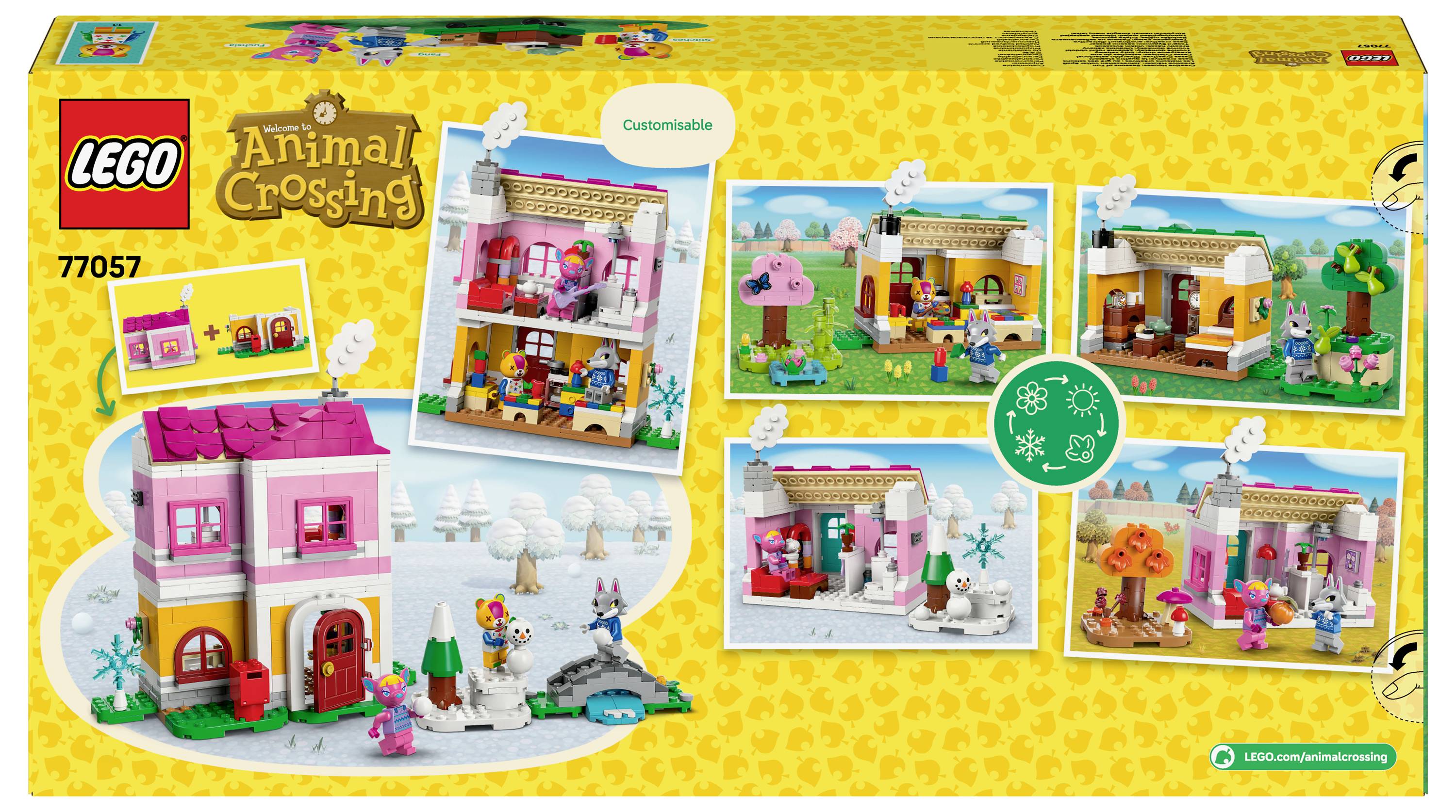 Sada Lego inspirovaná hrou 'Animal Crossing', která obsahuje přizpůsobitelný domek a figurky postav v různých hravých scénách.