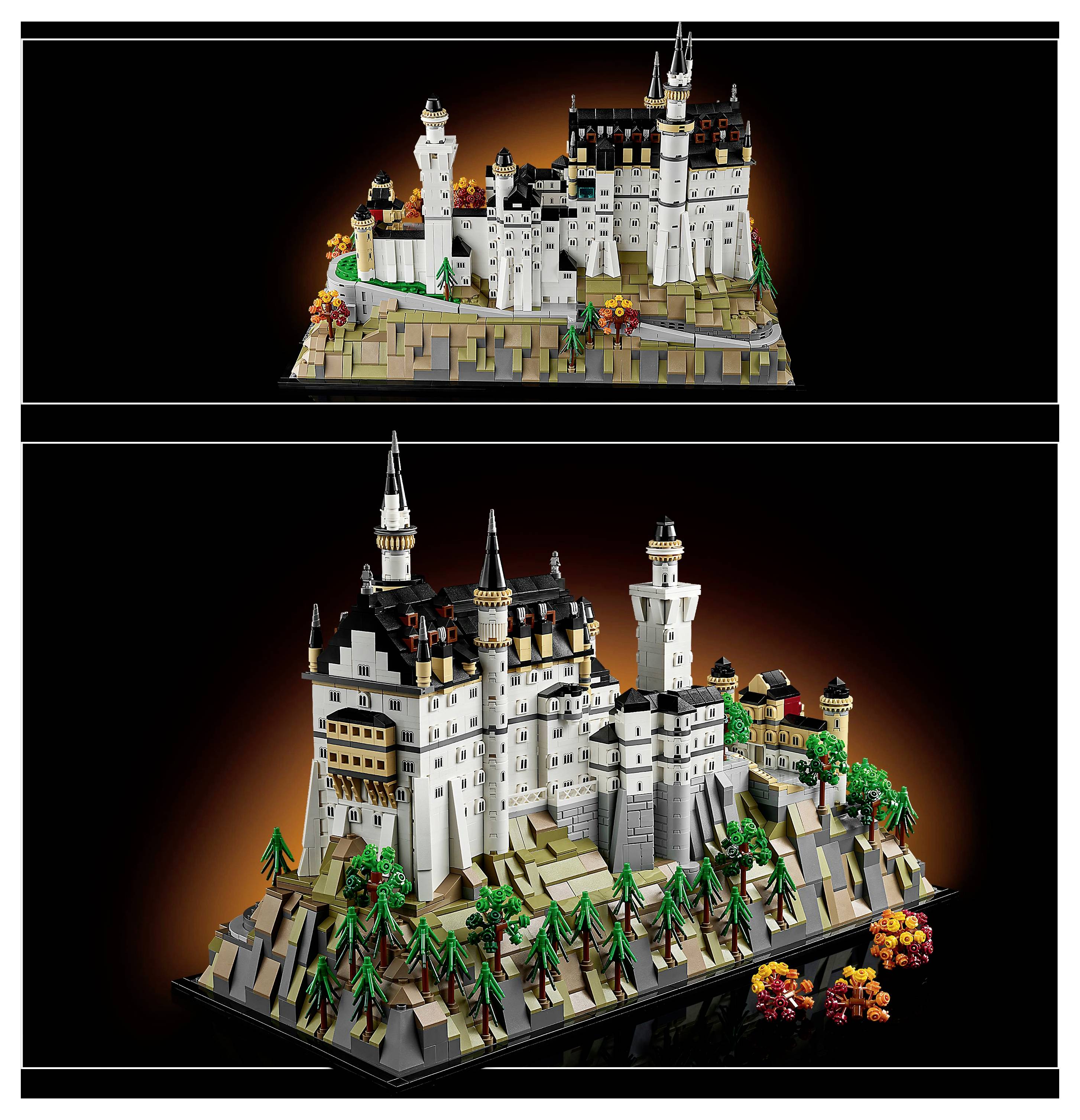 Detailní LEGO model středověkého hradu s vysokými věžemi, hradbami a nádvořími, umístěný na skalnatém terénu s stromy a pestrobarevnou vegetací.