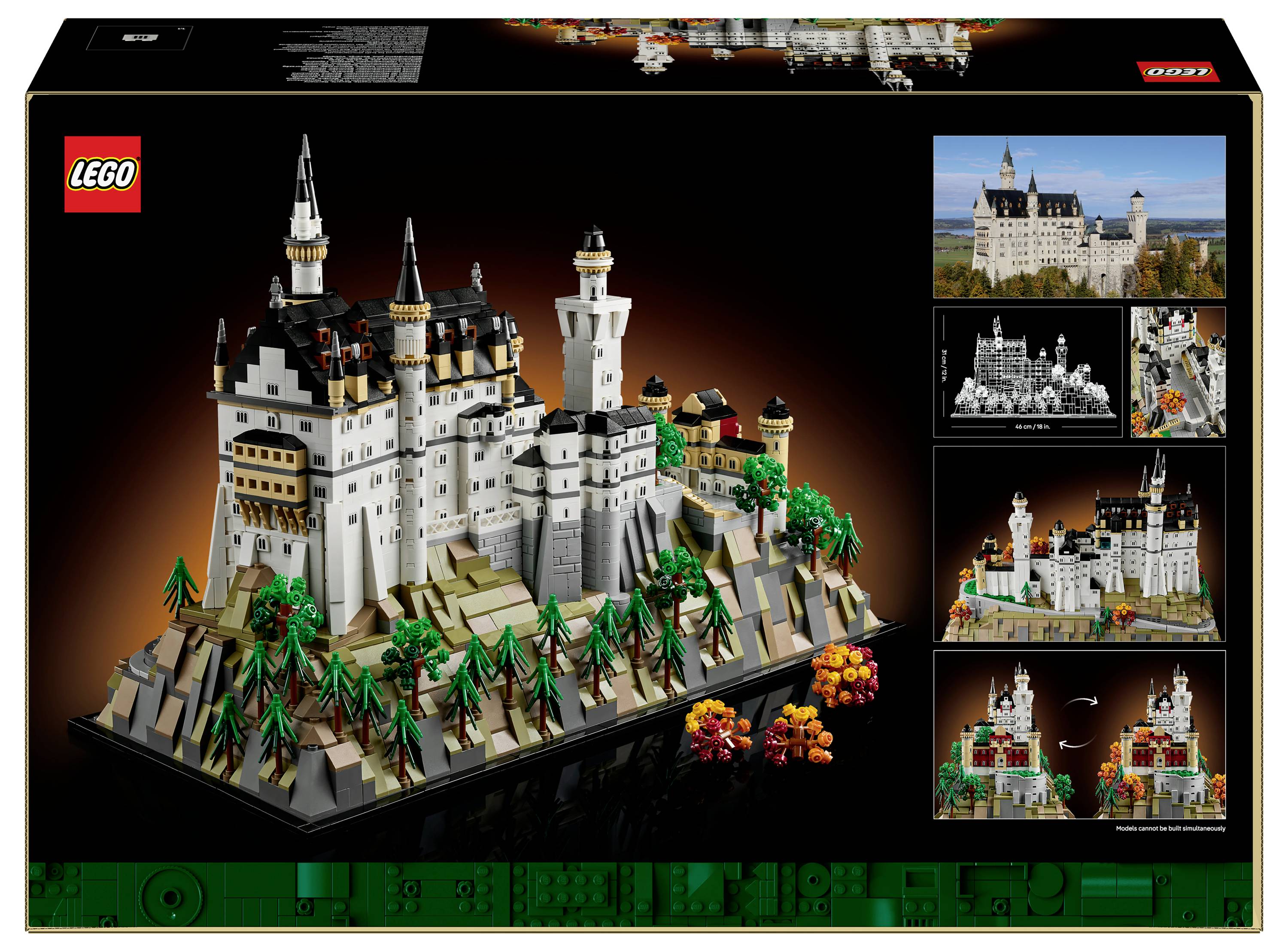 Sada LEGO stavebnice s detailním modelem hradu Neuschwanstein obklopeného stromy, s fotografiemi různých pohledů na boku krabice.