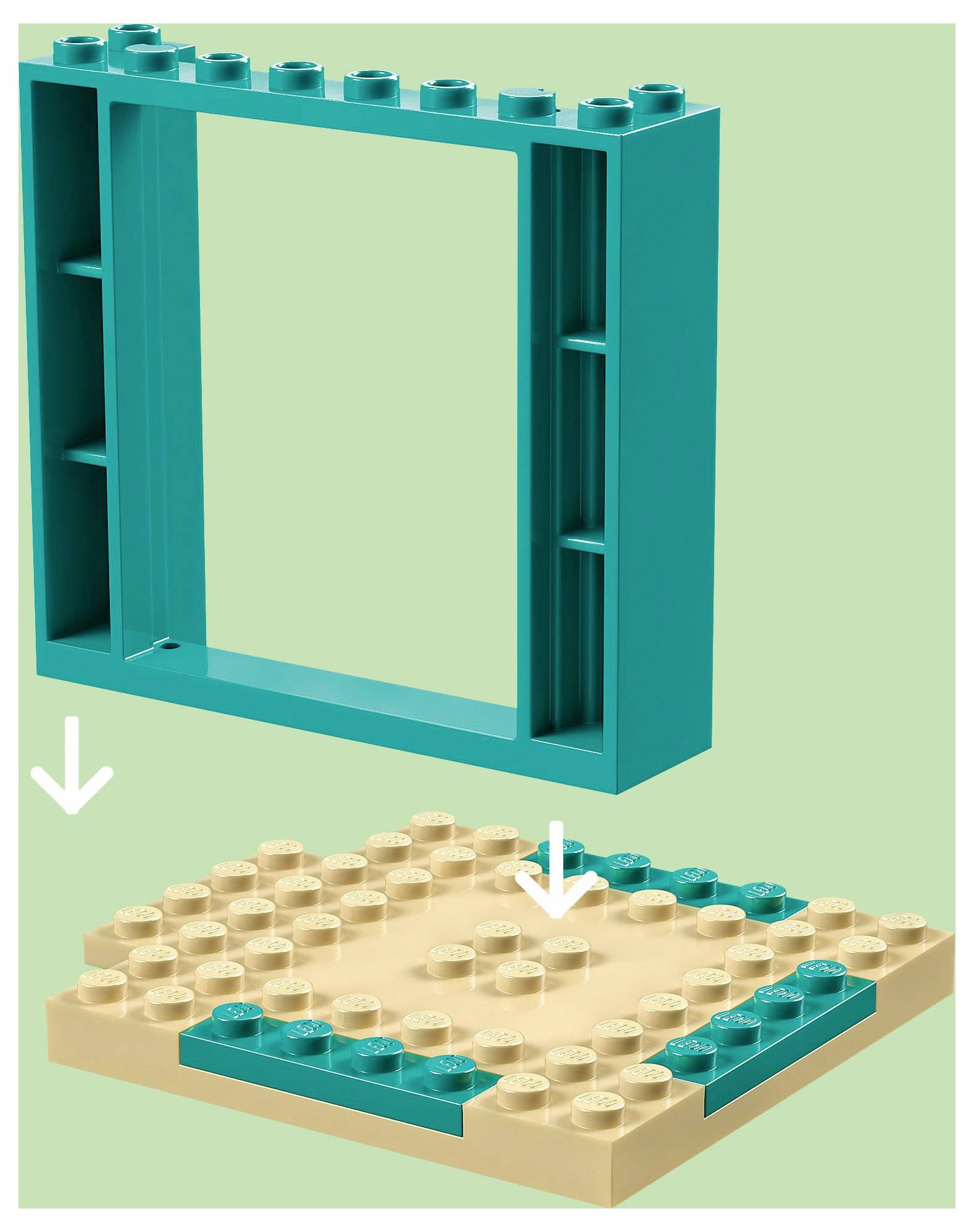 Tyrkysový obdélníkový rám umístěný nad béžovou základní deskou Lego s tyrkysovými okraji. Šipky ukazují zarovnání rámu se základní deskou.