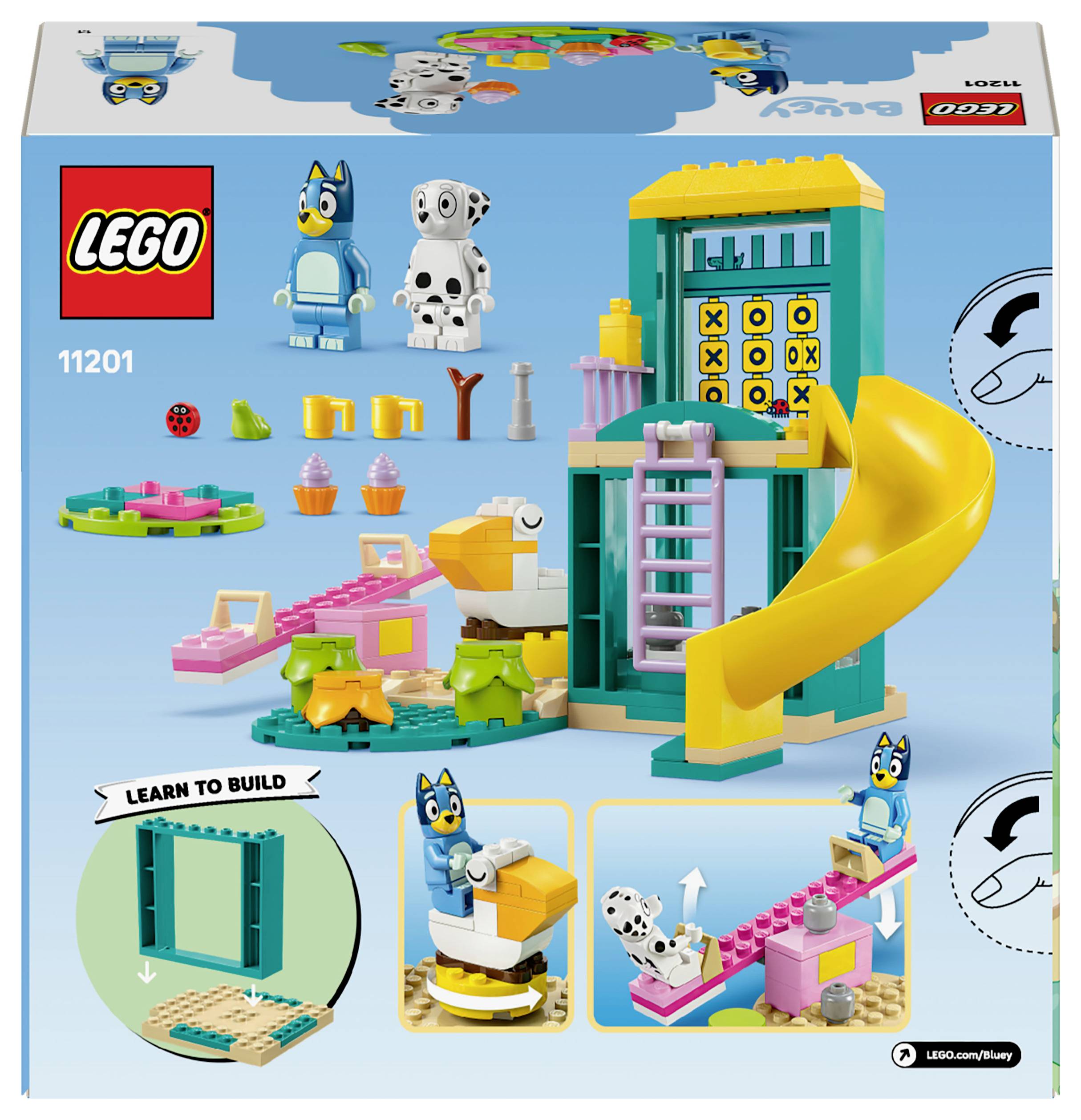 LEGO sada s herní sadou zobrazující figurku psa, skluzavku, stavební kostky a hru. Obsahuje kroky 'Nauč se stavět' a hravou scénu.