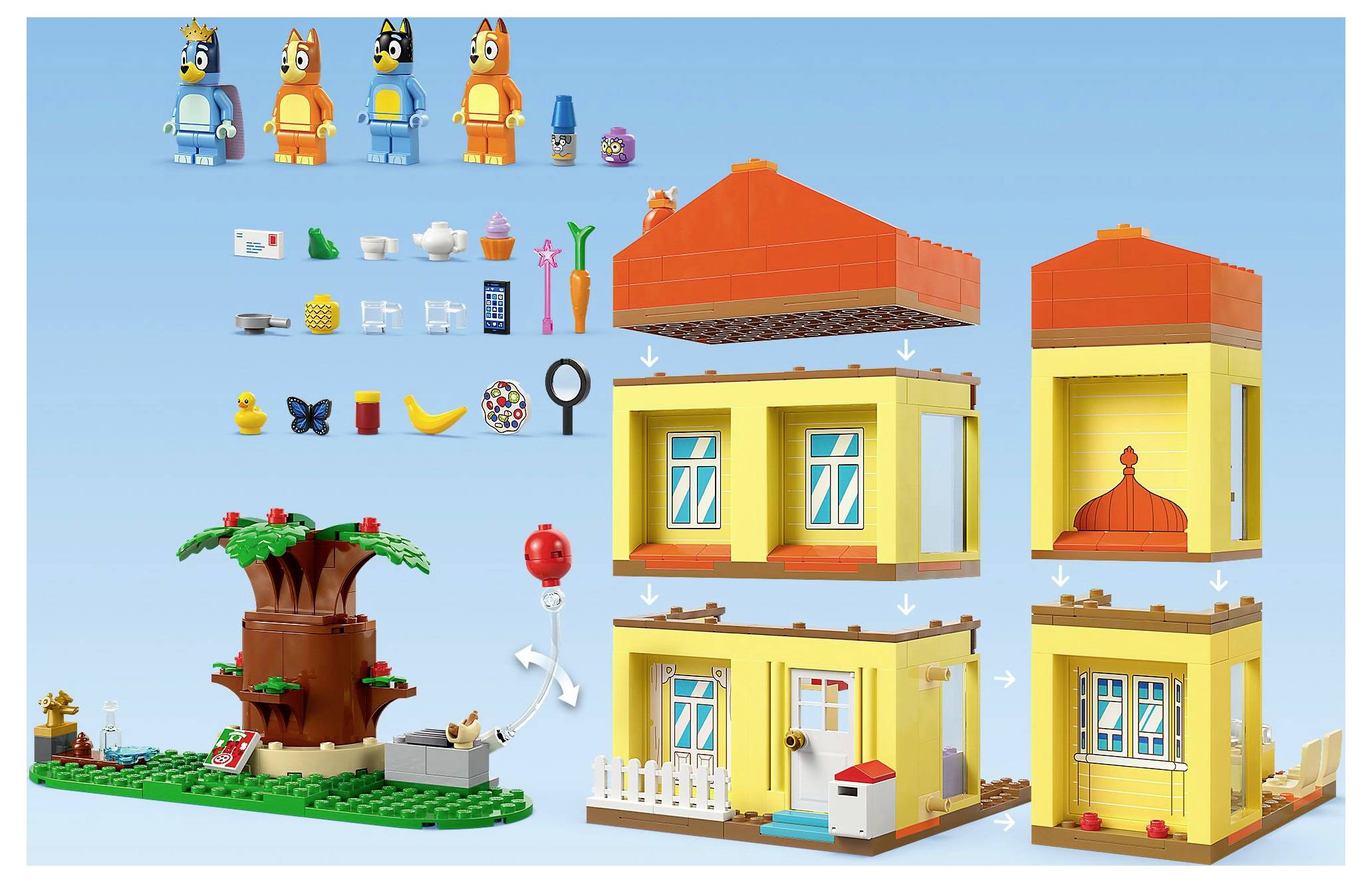 Návod na sestrojení LEGO stavebnice: zahrnuje postavičky, různé malé doplňky a dům s oddělenými stavitelnými sekcemi.