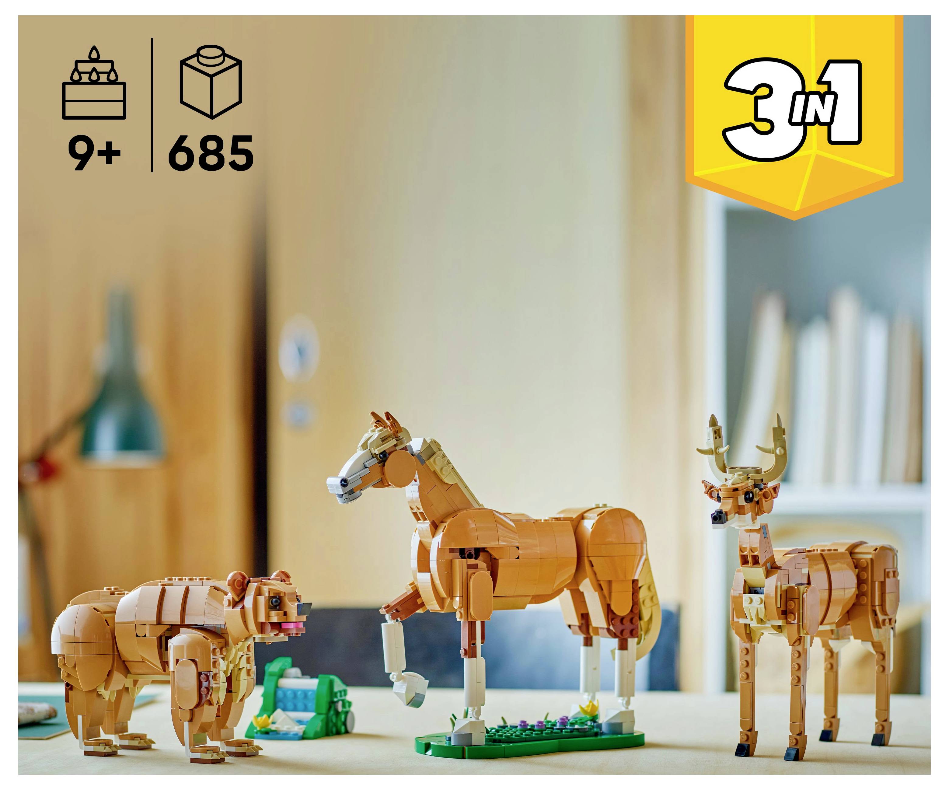 Lego Creator 3-in-1 sada zvířecích modelů pro věk 9+, obsahující modely lva, koně a jelena. Obsahuje 685 dílků.