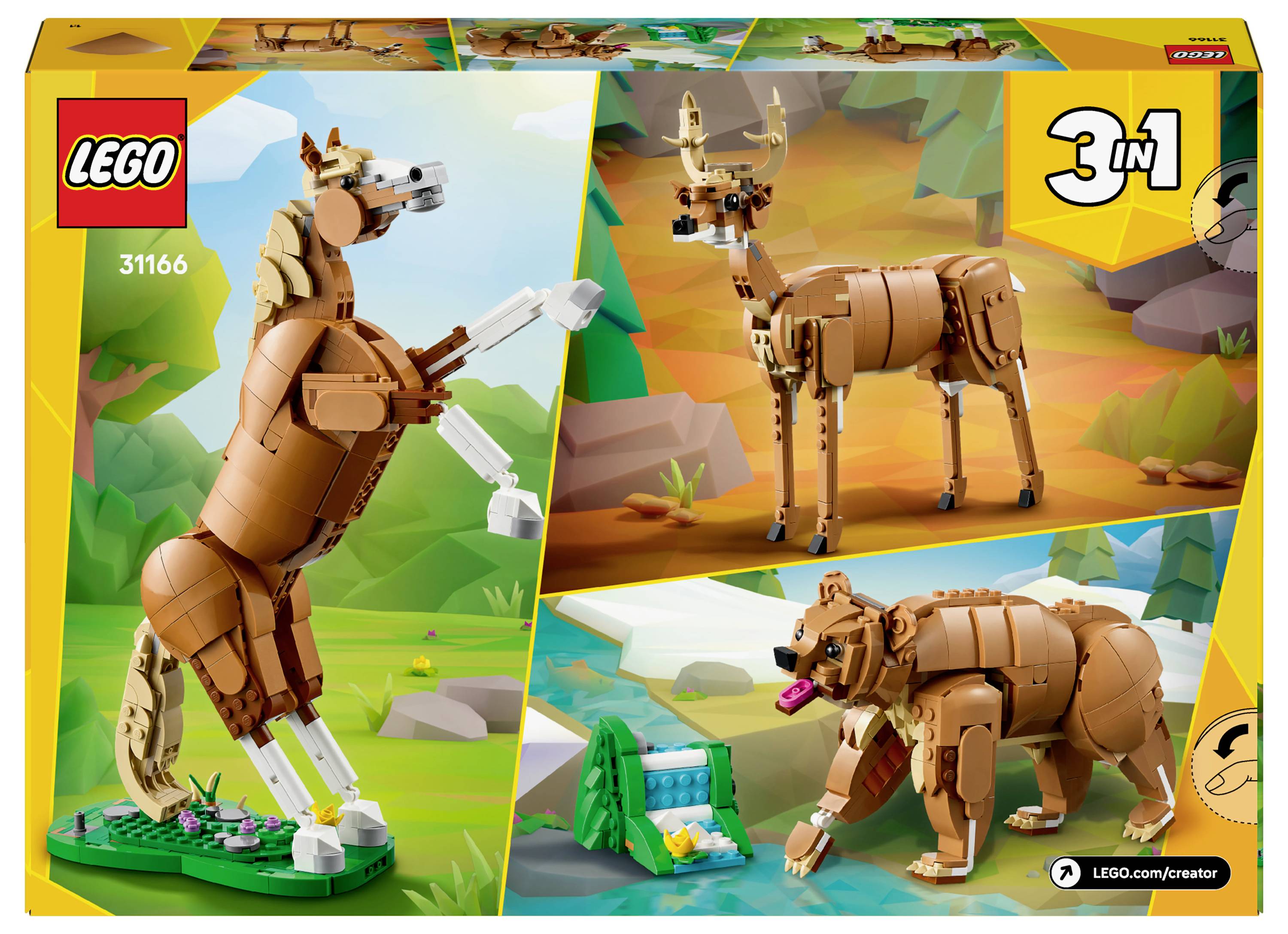 Sada LEGO Creator 3-v-1 č. 31166 na krabici ukazuje tři zvířecí modely: zadního koně, jelena a medvěda vedle potoka v krajinných scenériích.