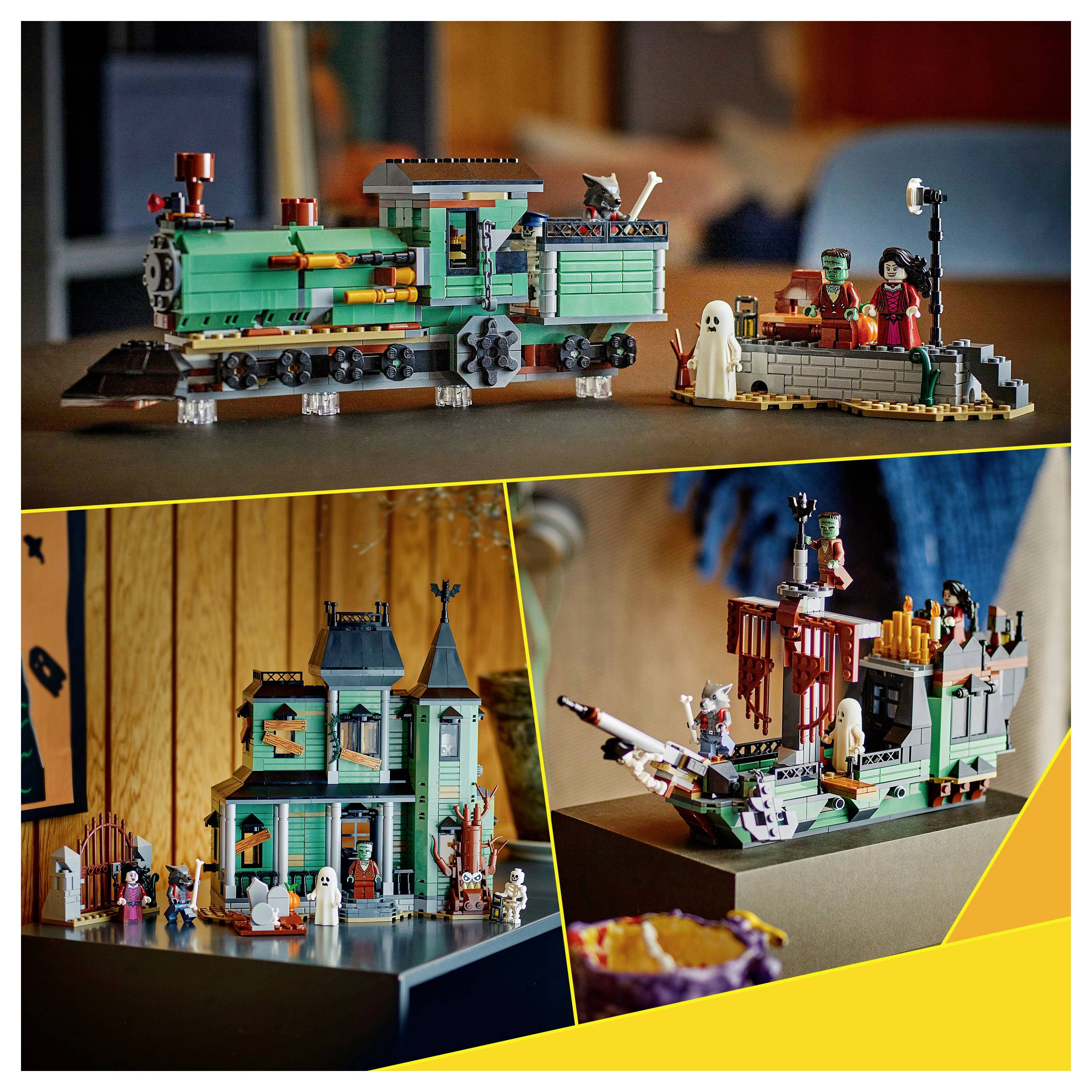 Koláž tří halloweenských modelů Lego: vlaku, strašidelného domu a pirátské lodi, každý ozdobený strašidelnými figurkami.