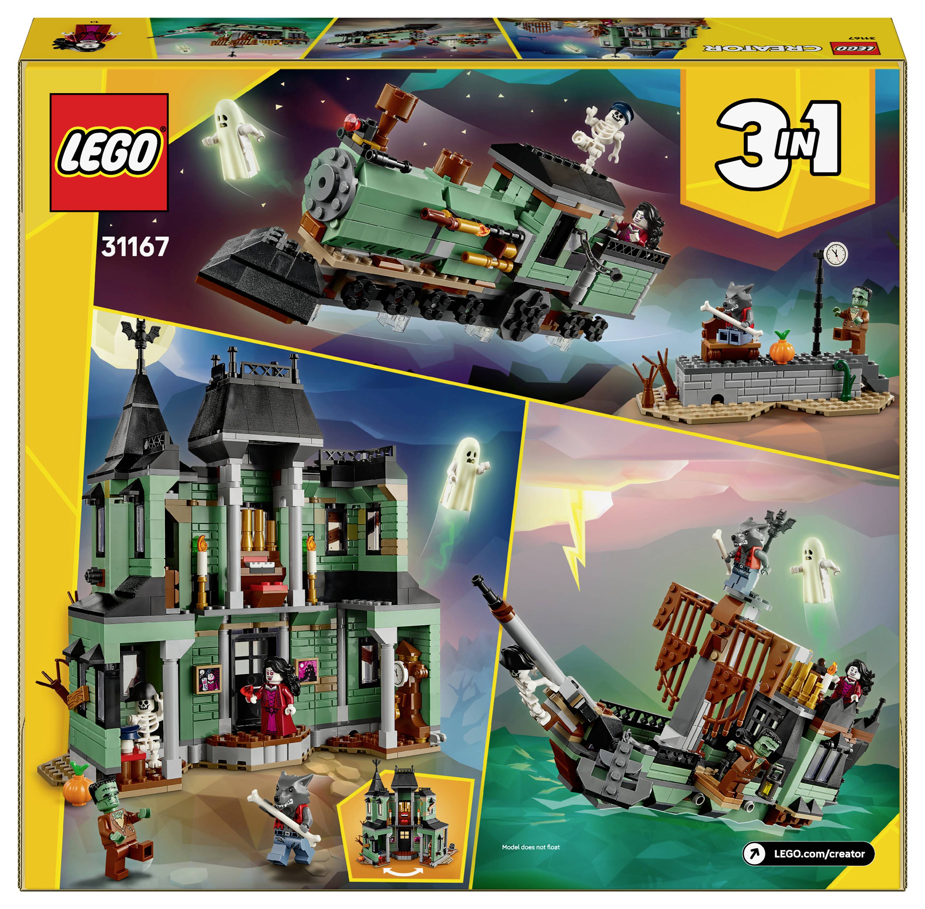 LEGO Creator 3-v-1 sada s vyobrazením strašidelného domu, strašidelného vlaku a pirátské lodi s figurkami a strašidelnými prvky.